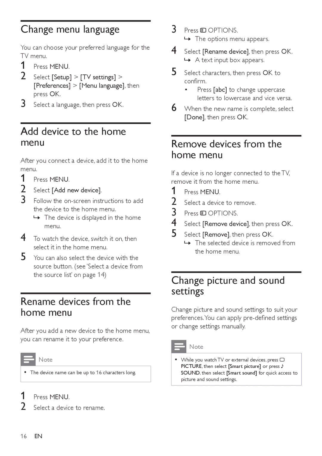 Philips 32PFL3406, 42PFL5606 Change menu language, Add device to the home menu, Rename devices from the home menu 