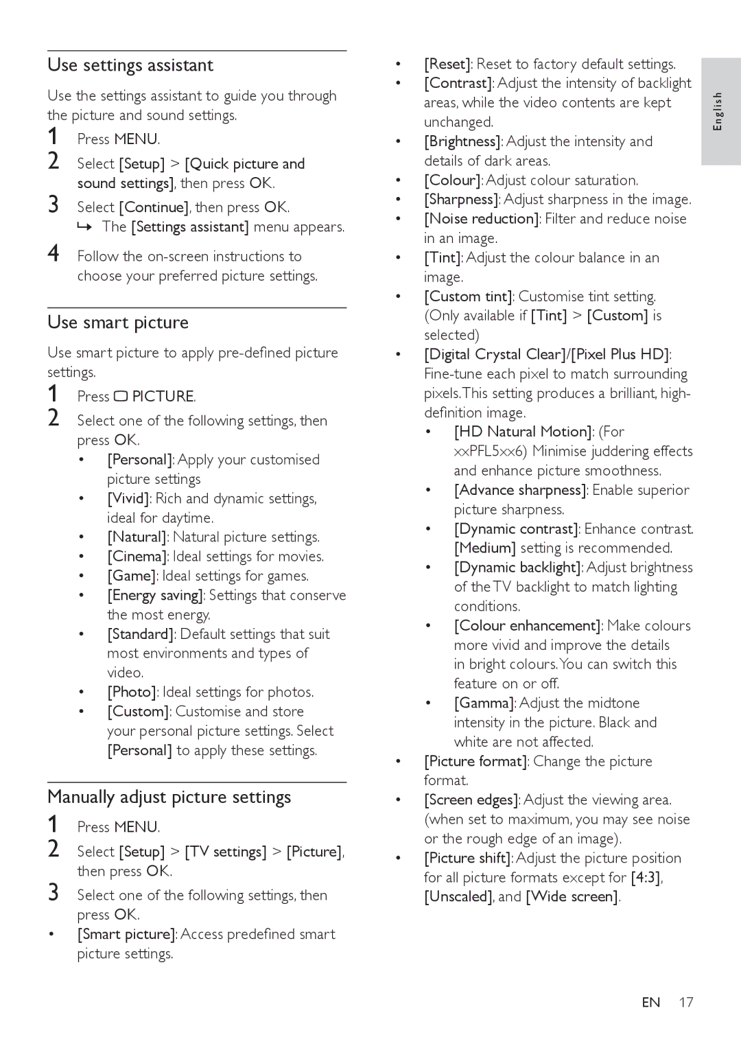 Philips 32PFL5606, 42PFL5606, 32PFL3406 Use settings assistant, Use smart picture, Manually adjust picture settings 