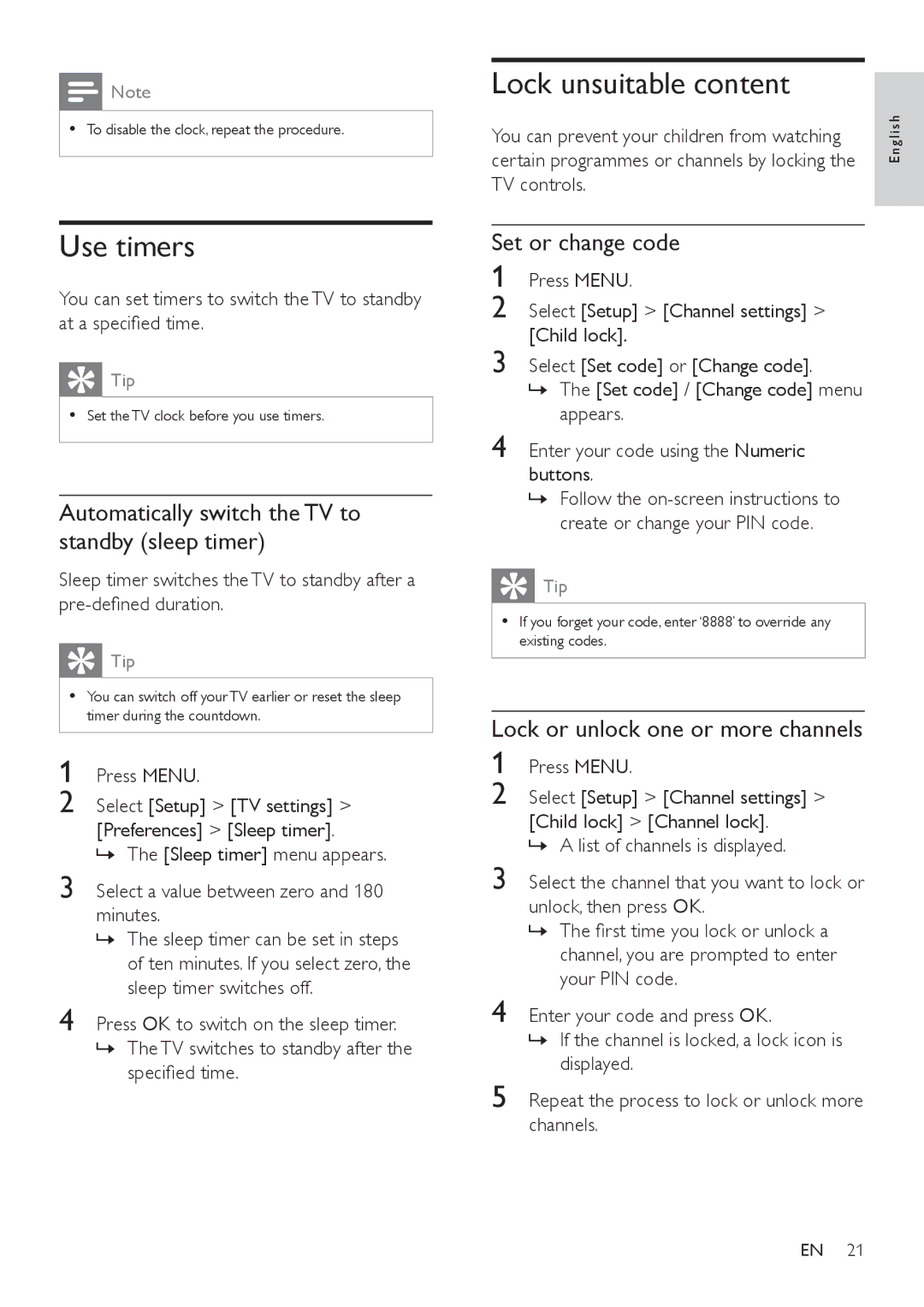 Philips 42PFL5606, 32PFL3406 Use timers, Lock unsuitable content, Automatically switch the TV to standby sleep timer 