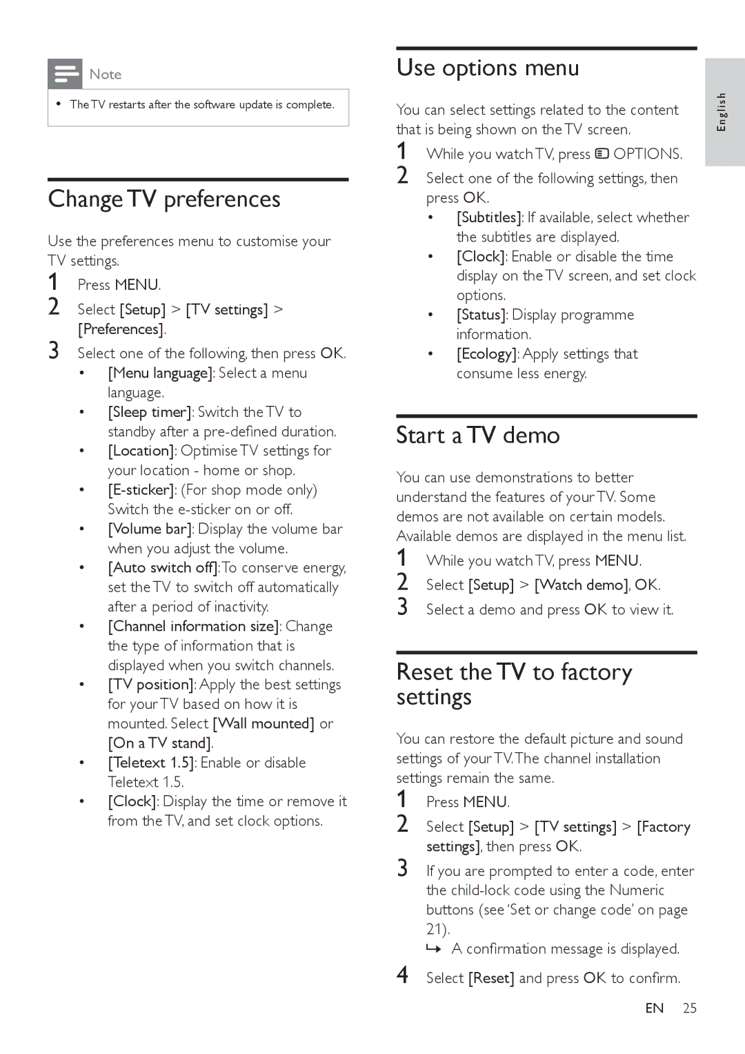 Philips 32PFL3406, 42PFL5606 Change TV preferences, Use options menu, Start a TV demo, Reset the TV to factory settings 