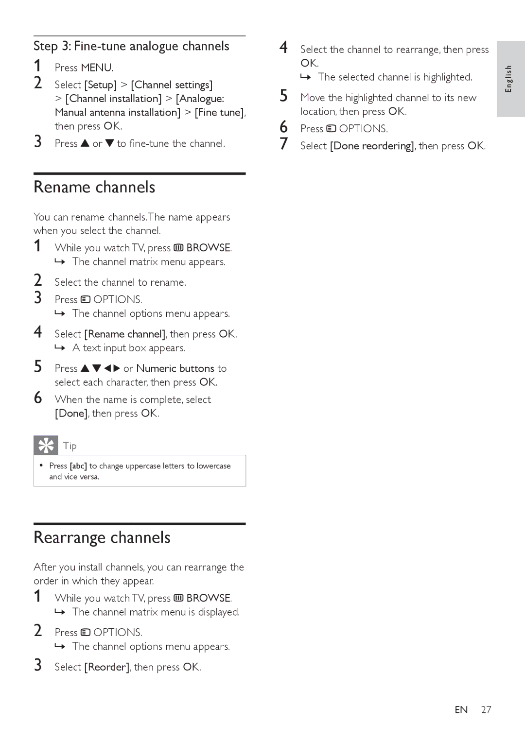 Philips 42PFL5606, 32PFL3406, 32PFL5606 user manual Rename channels, Rearrange channels, Fine-tune analogue channels 