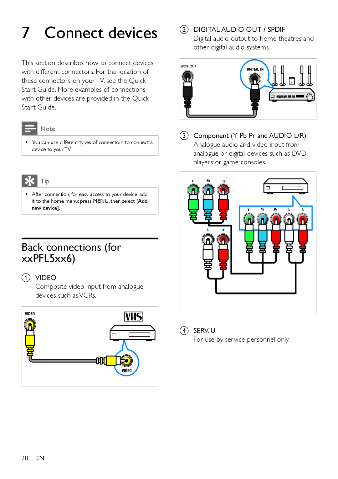 Philips 32PFL3406, 42PFL5606, 32PFL5606 Connect devices, Back connections for xxPFL5xx6, For use by service personnel only 