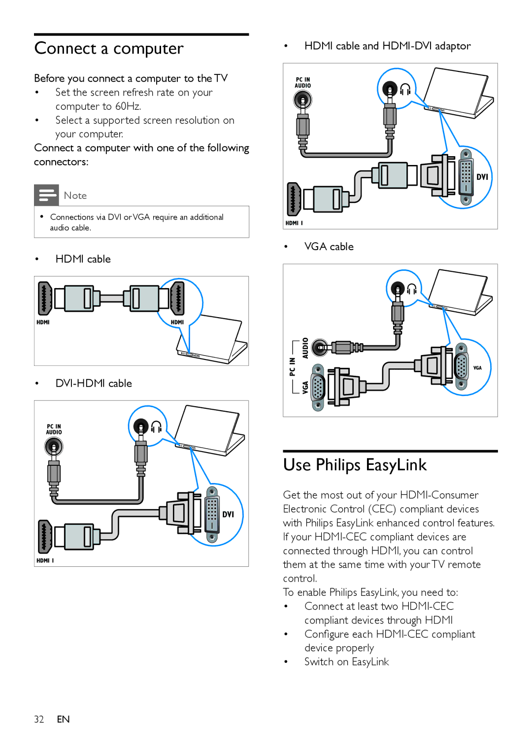 Philips 32PFL5606 Connect a computer, Use Philips EasyLink, Hdmi cable DVI-HDMI cable, Hdmi cable and HDMI-DVI adaptor 