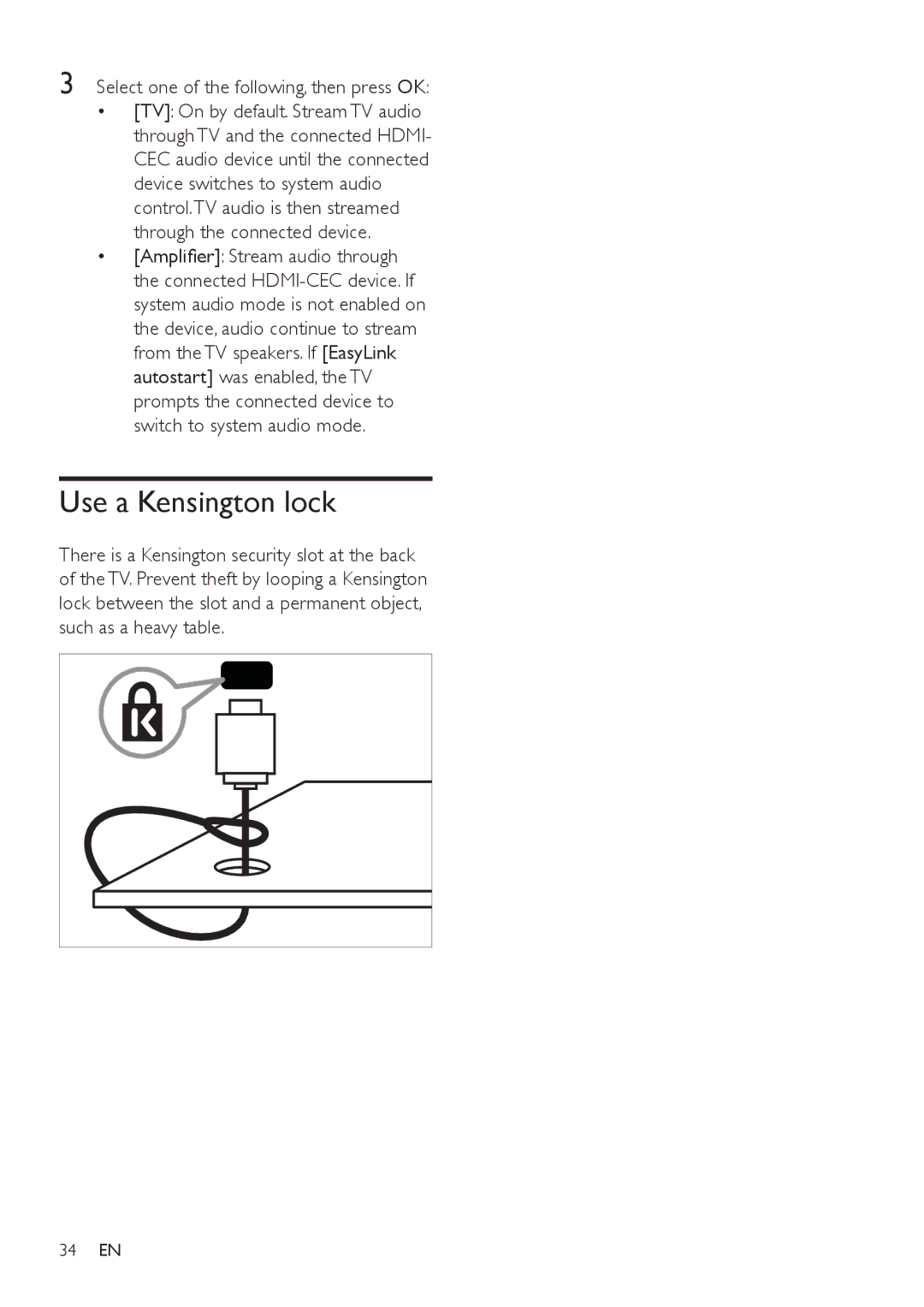 Philips 32PFL3406, 42PFL5606, 32PFL5606 user manual Use a Kensington lock, Select one of the following, then press OK 