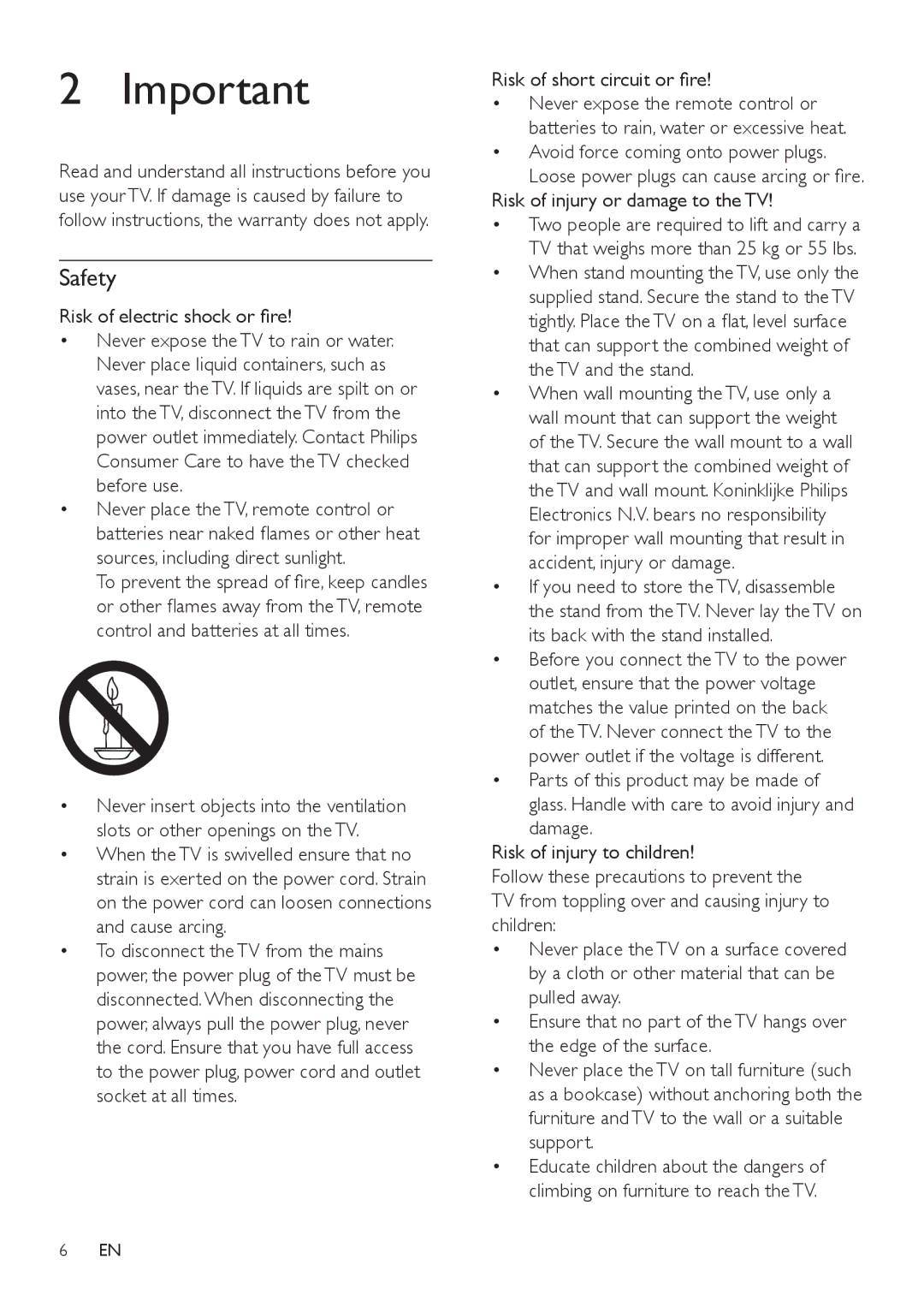 Philips 42PFL5606, 32PFL3406, 32PFL5606 user manual Safety, Risk of electric shock or fire, Risk of short circuit or fire 