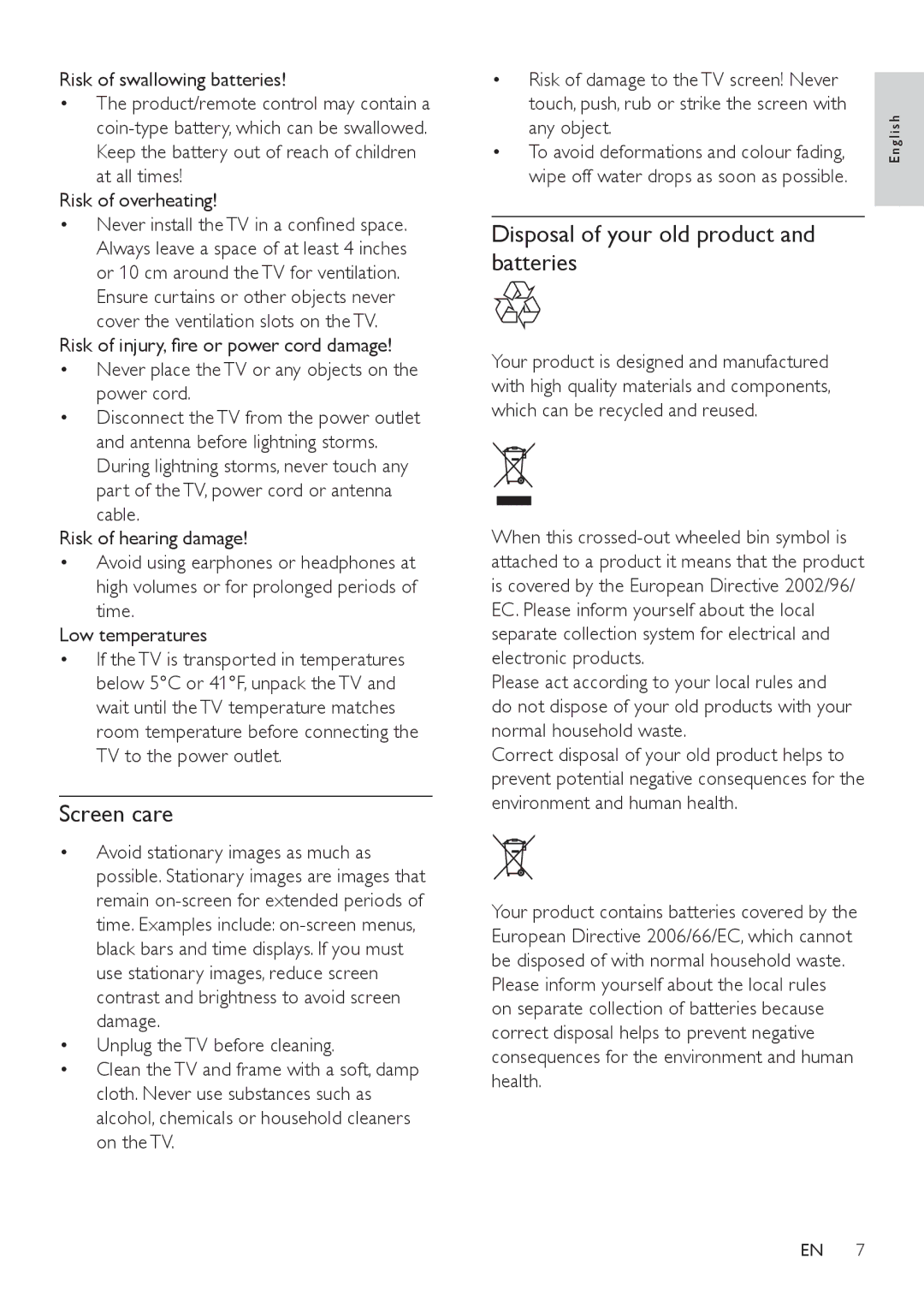 Philips 32PFL3406, 42PFL5606, 32PFL5606 user manual Screen care, Disposal of your old product and batteries, Any object 