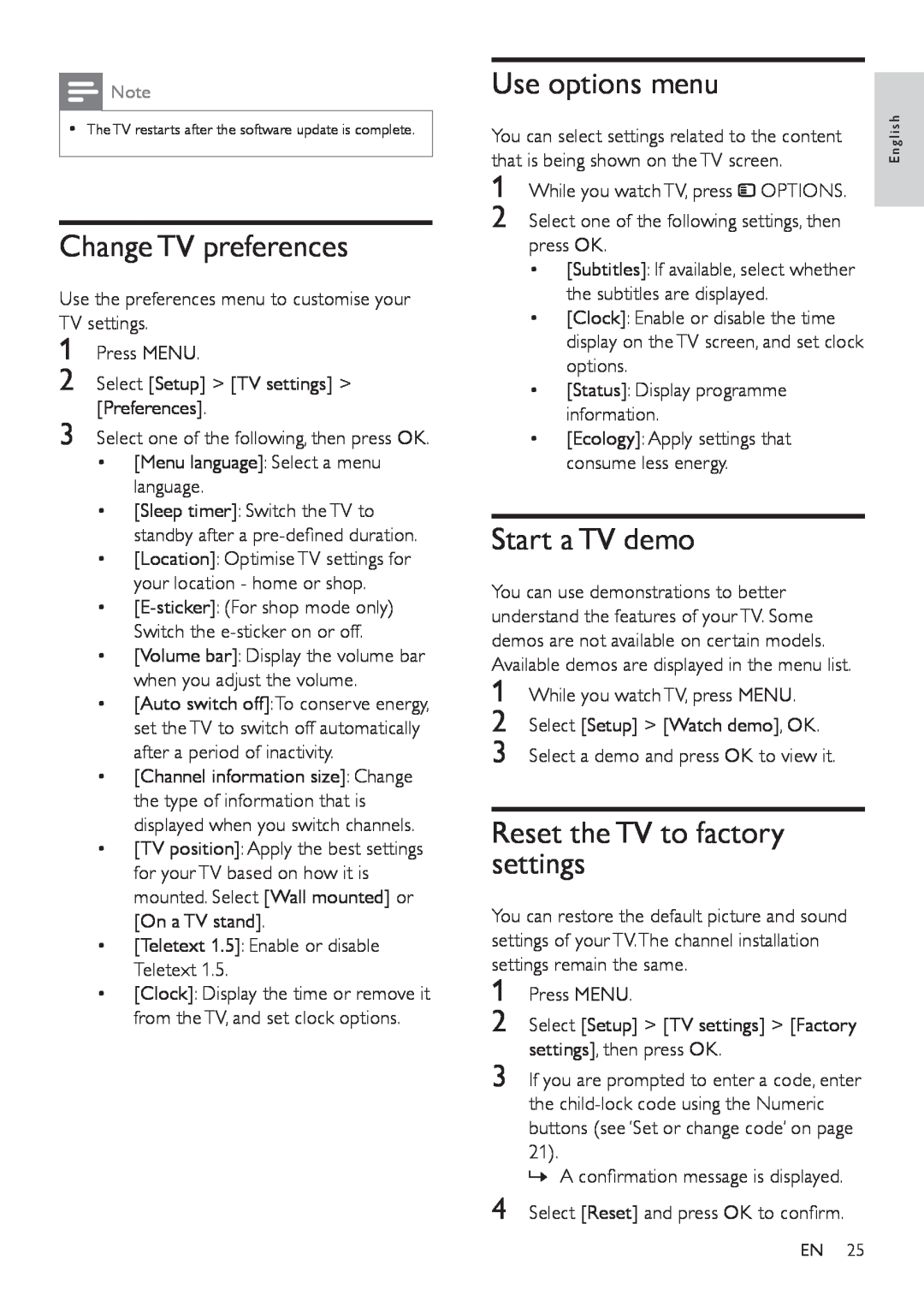 Philips 32PFL3406, 42PFL5606 Change TV preferences, Use options menu, Start a TV demo, Reset the TV to factory settings 