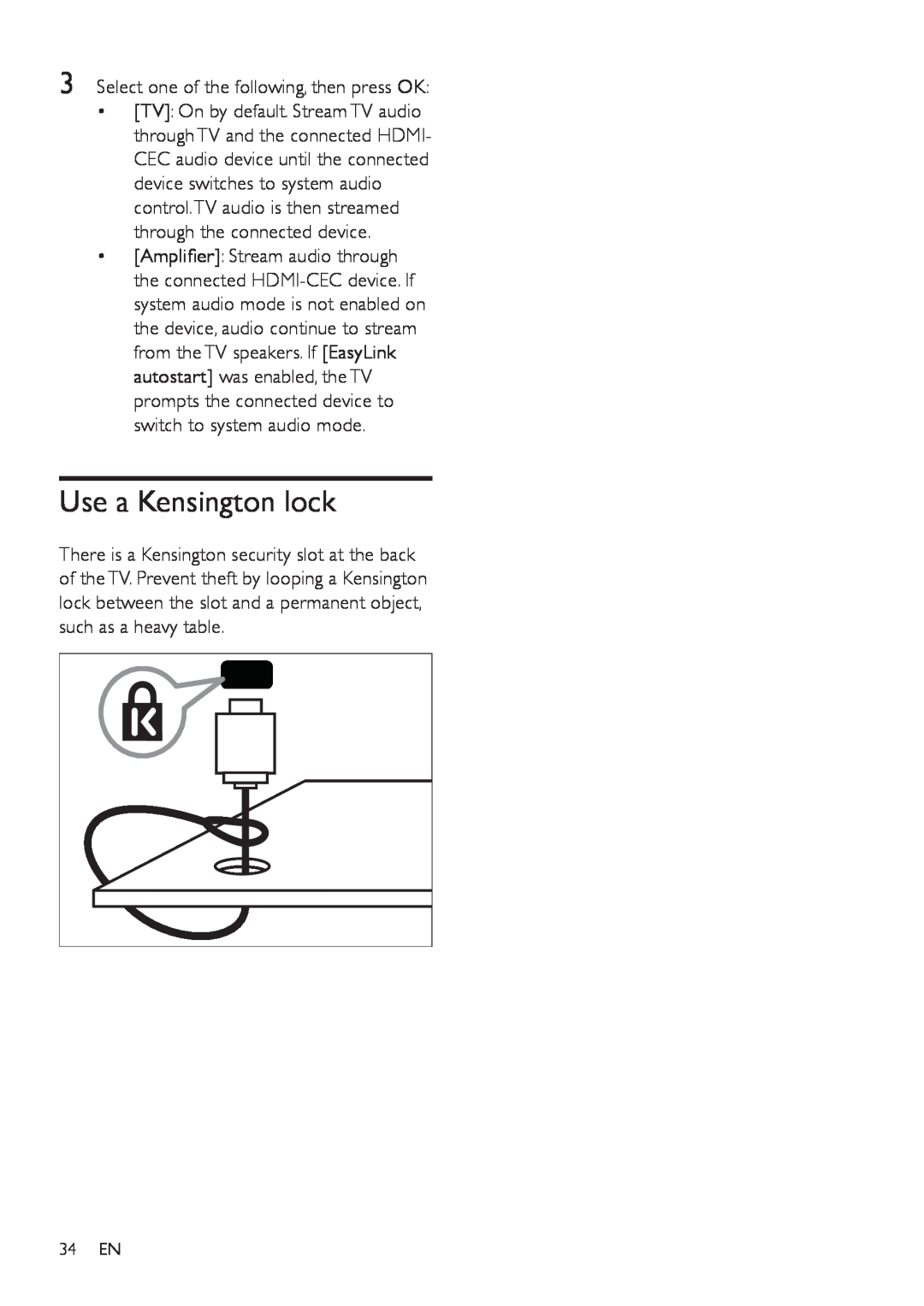 Philips 32PFL3406, 42PFL5606, 32PFL5606 user manual Use a Kensington lock, Select one of the following, then press OK 