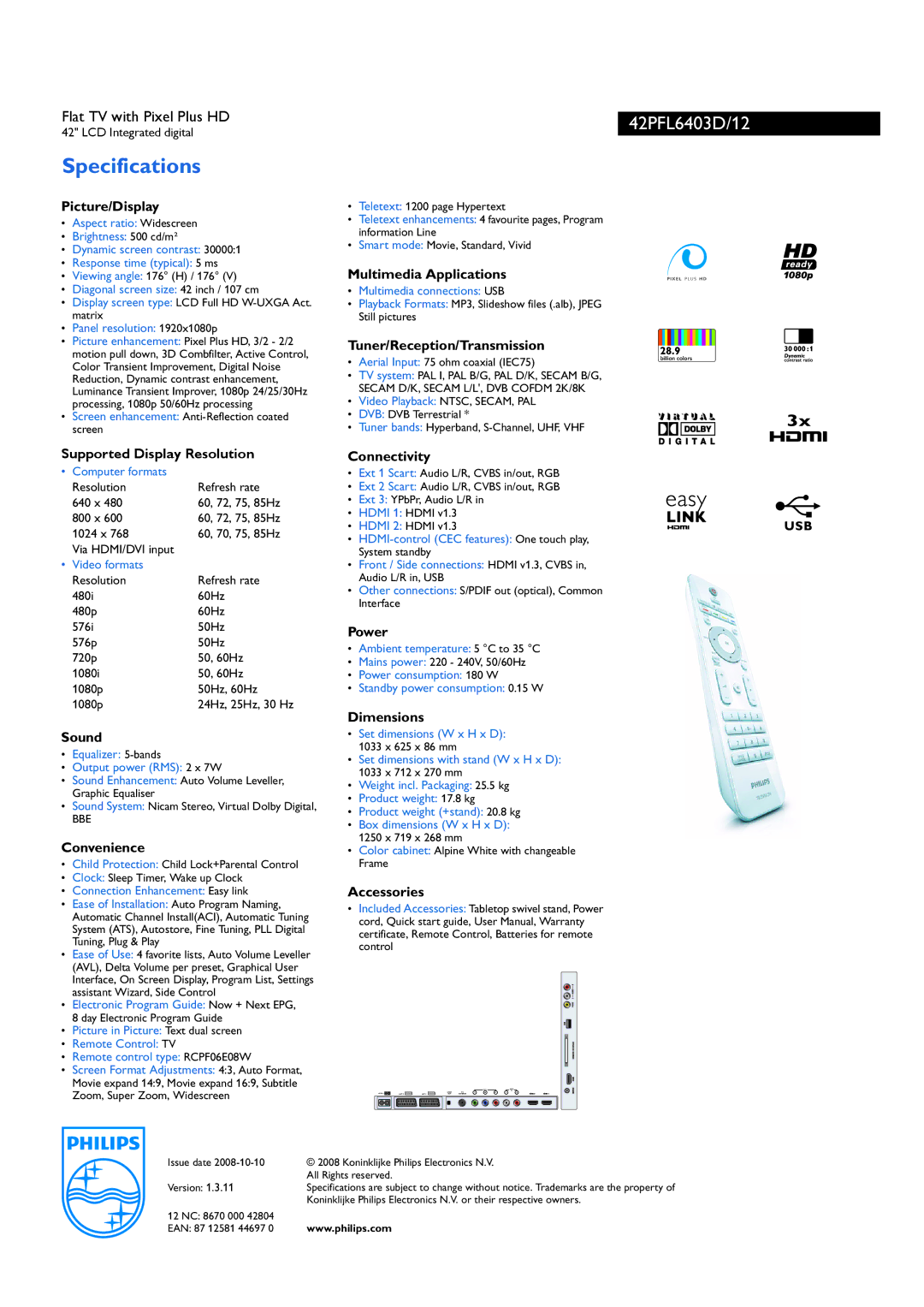 Philips 42PFL6403D/12 Picture/Display, Multimedia Applications, Tuner/Reception/Transmission, Supported Display Resolution 