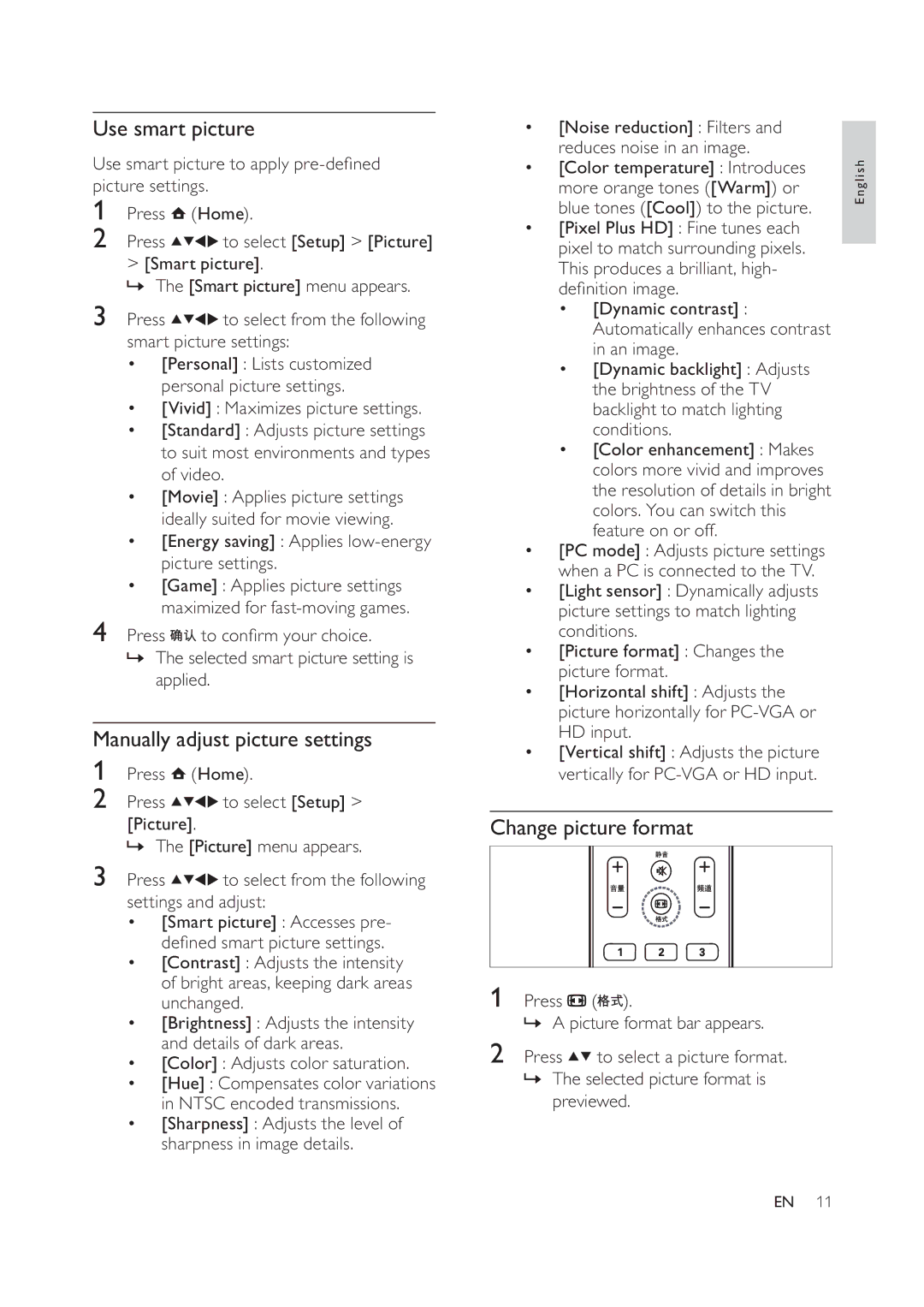 Philips 47PFL6609/93, 42PFL6609/93 user manual Use smart picture, Manually adjust picture settings, Change picture format 