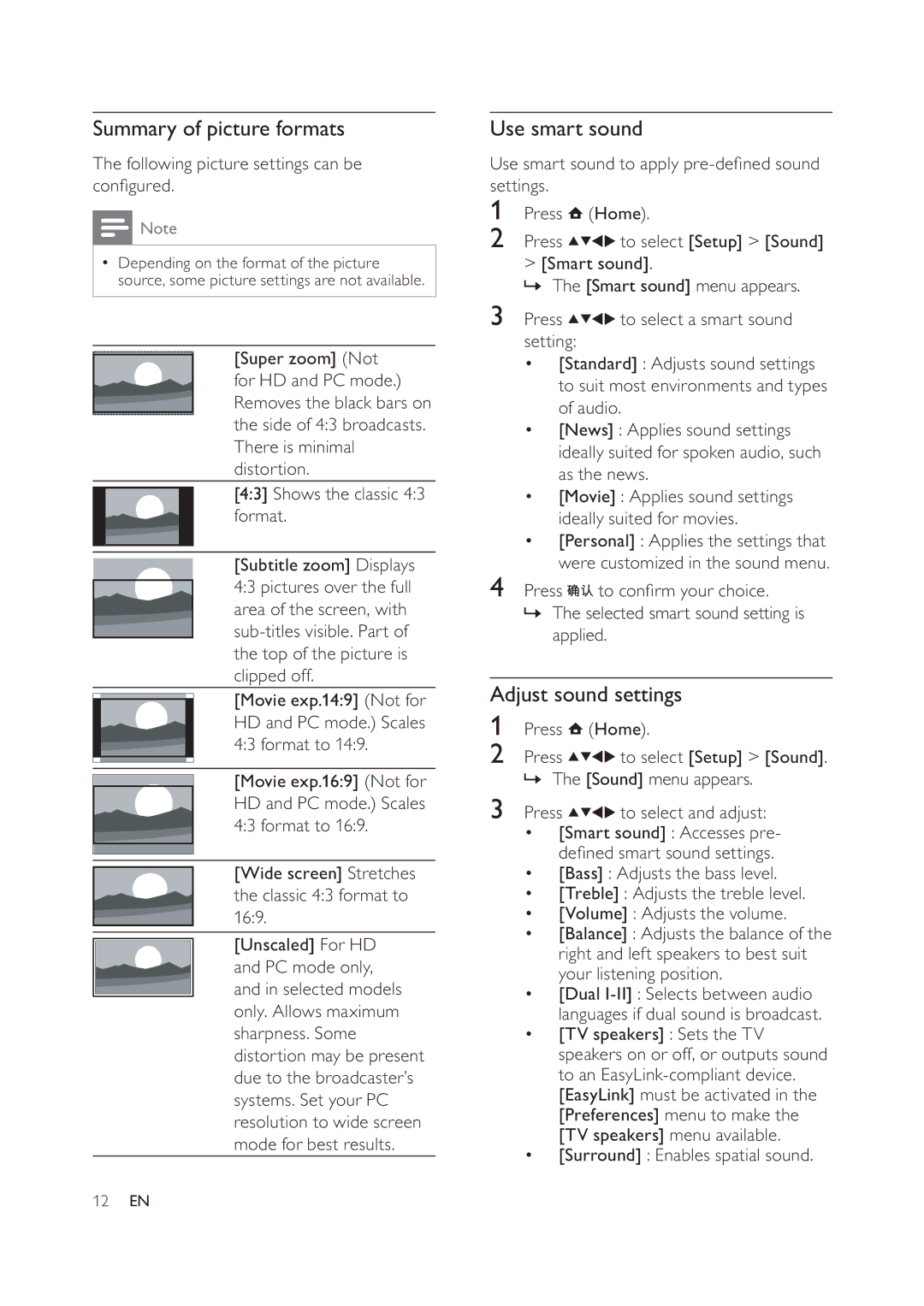 Philips 42PFL6609/93, 47PFL6609/93 user manual Summary of picture formats, Use smart sound, Adjust sound settings 