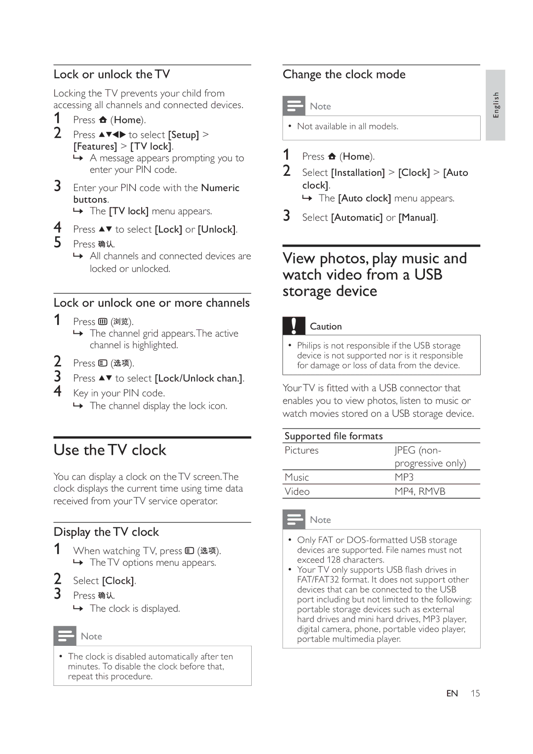 Philips 47PFL6609/93 Use theTV clock, Lock or unlock theTV, Lock or unlock one or more channels, Display theTV clock 