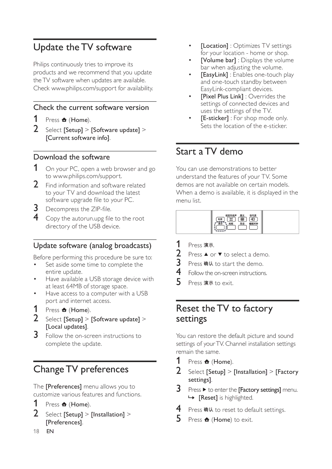 Philips 42PFL6609/93 Update theTV software, ChangeTV preferences, Start aTV demo, Reset theTV to factory settings 