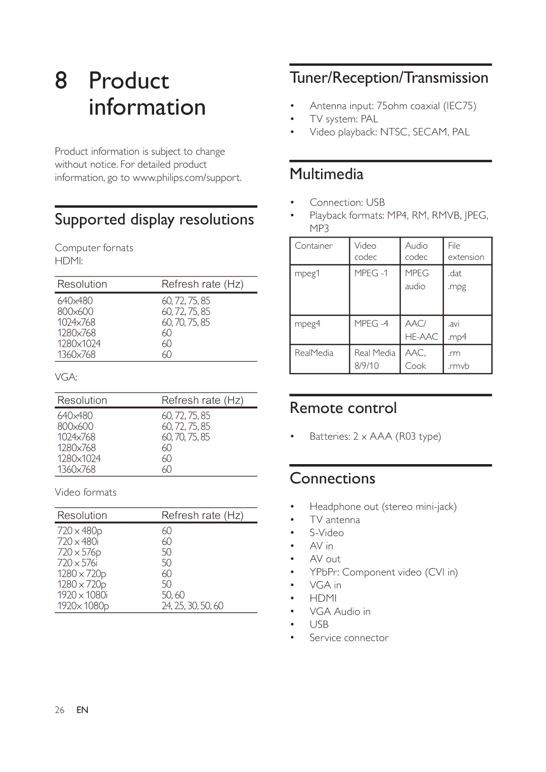 Philips 42PFL6609/93, 47PFL6609/93 user manual Product information 