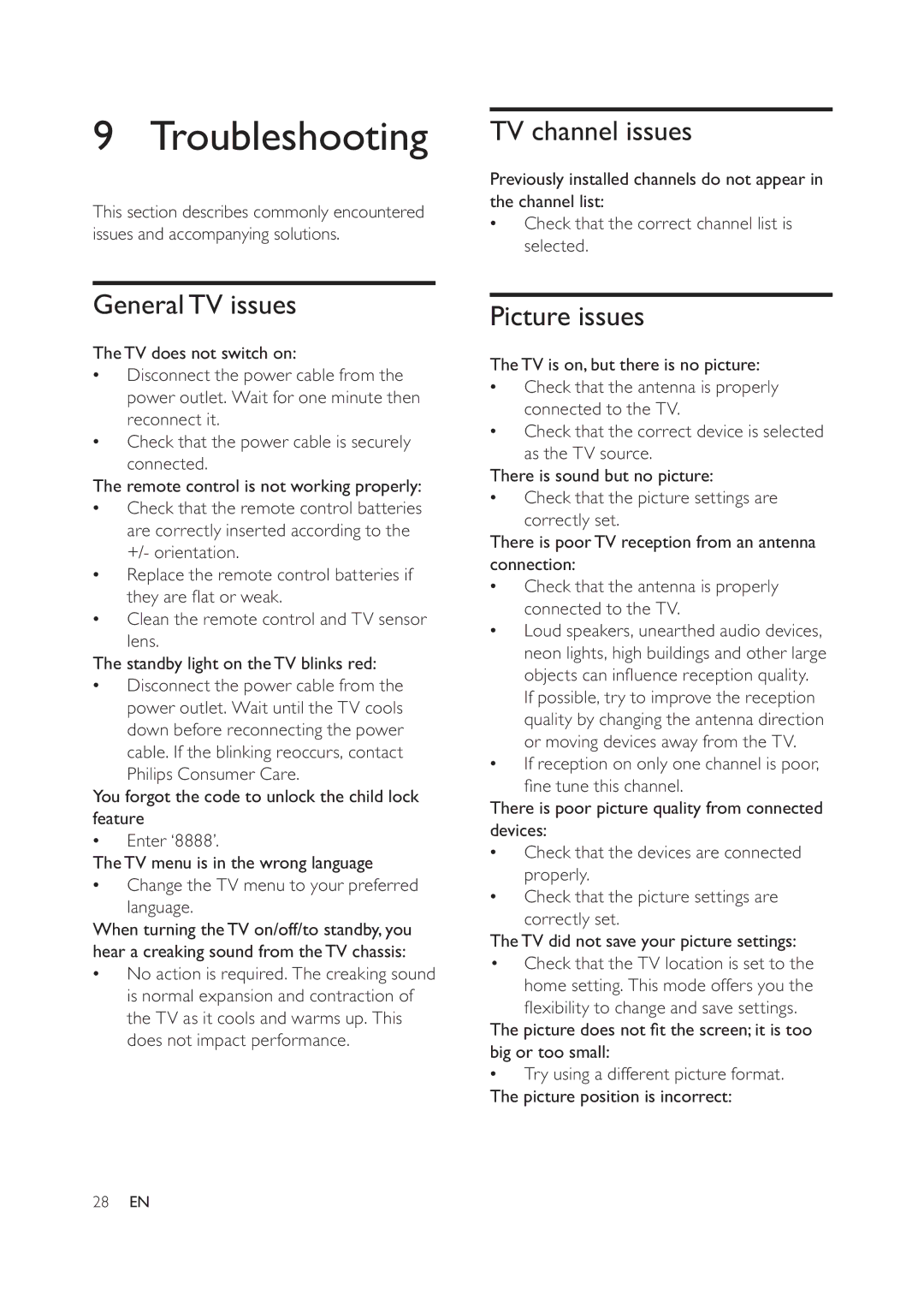Philips 42PFL6609/93, 47PFL6609/93 user manual Troubleshooting, TV channel issues, GeneralTV issues, Picture issues 