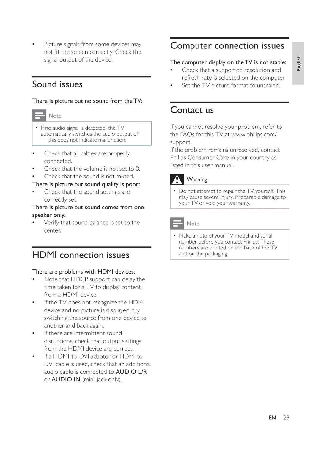 Philips 47PFL6609/93, 42PFL6609/93 user manual Sound issues, Hdmi connection issues, Computer connection issues, Contact us 