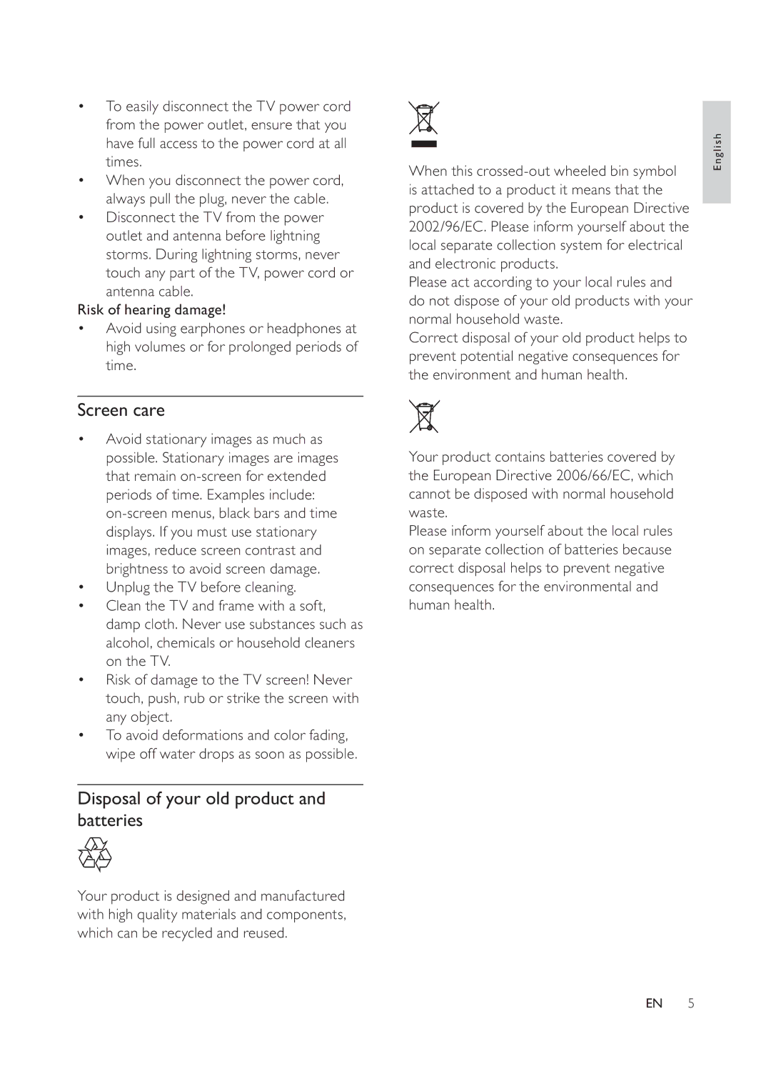 Philips 47PFL6609/93, 42PFL6609/93 user manual Screen care, Disposal of your old product and batteries 