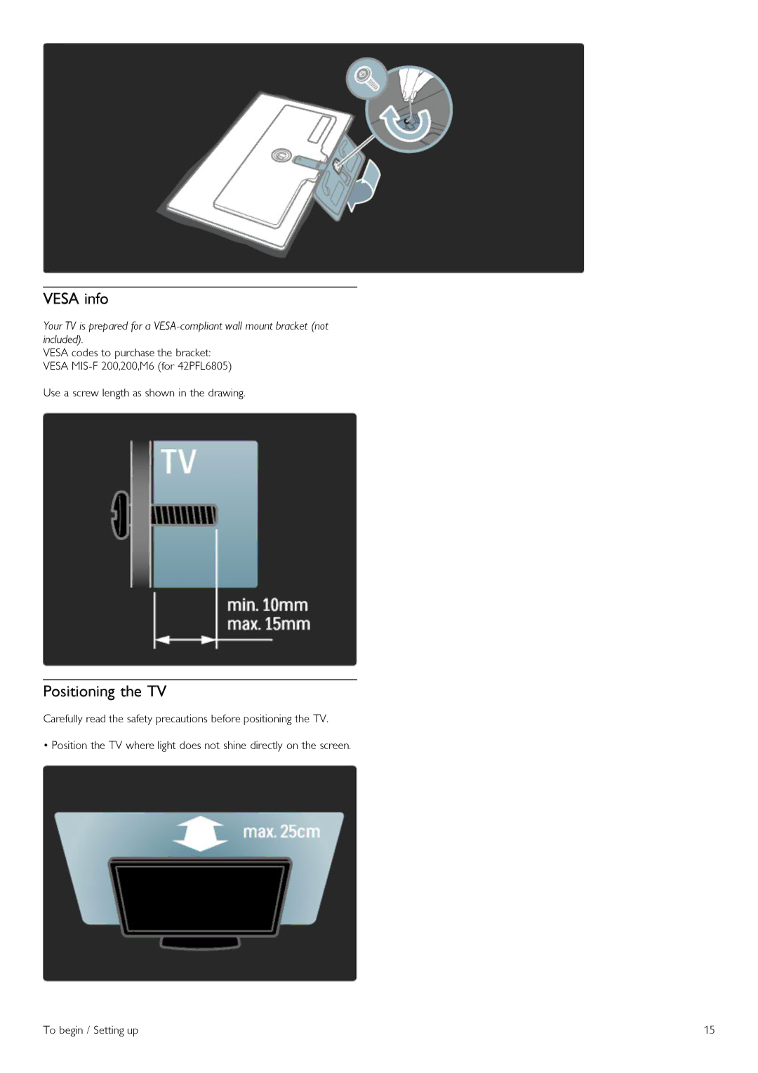 Philips 42PFL6805H manual Vesa info, Positioning the TV 