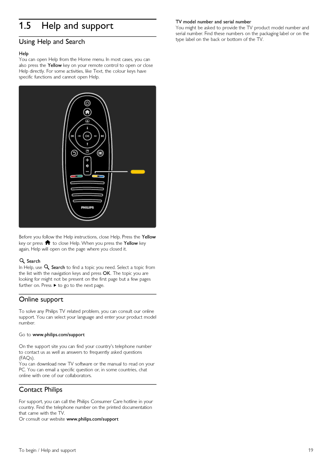 Philips 42PFL6805H manual Help and support, Using Help and Search, Online support, Contact Philips 