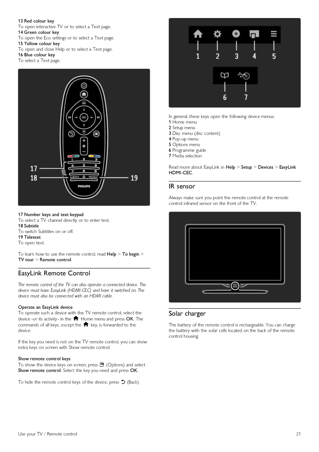 Philips 42PFL6805H manual EasyLink Remote Control, IR sensor, Solar charger 