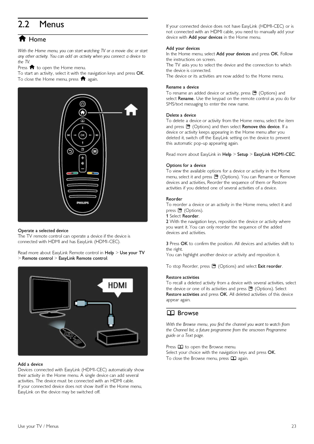 Philips 42PFL6805H manual Menus, Home, Browse 