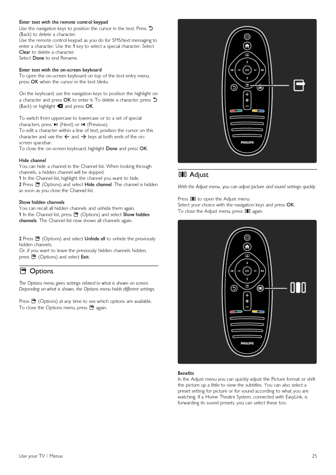 Philips 42PFL6805H manual Options, Adjust 