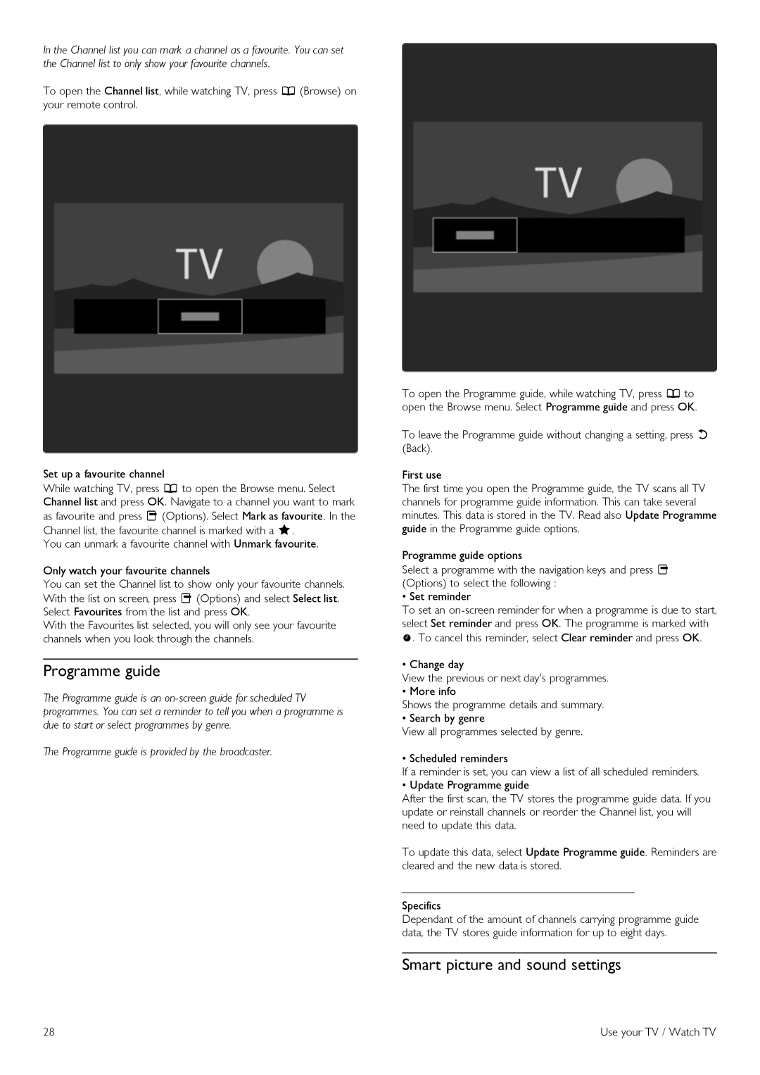 Philips 42PFL6805H manual Programme guide, Smart picture and sound settings 