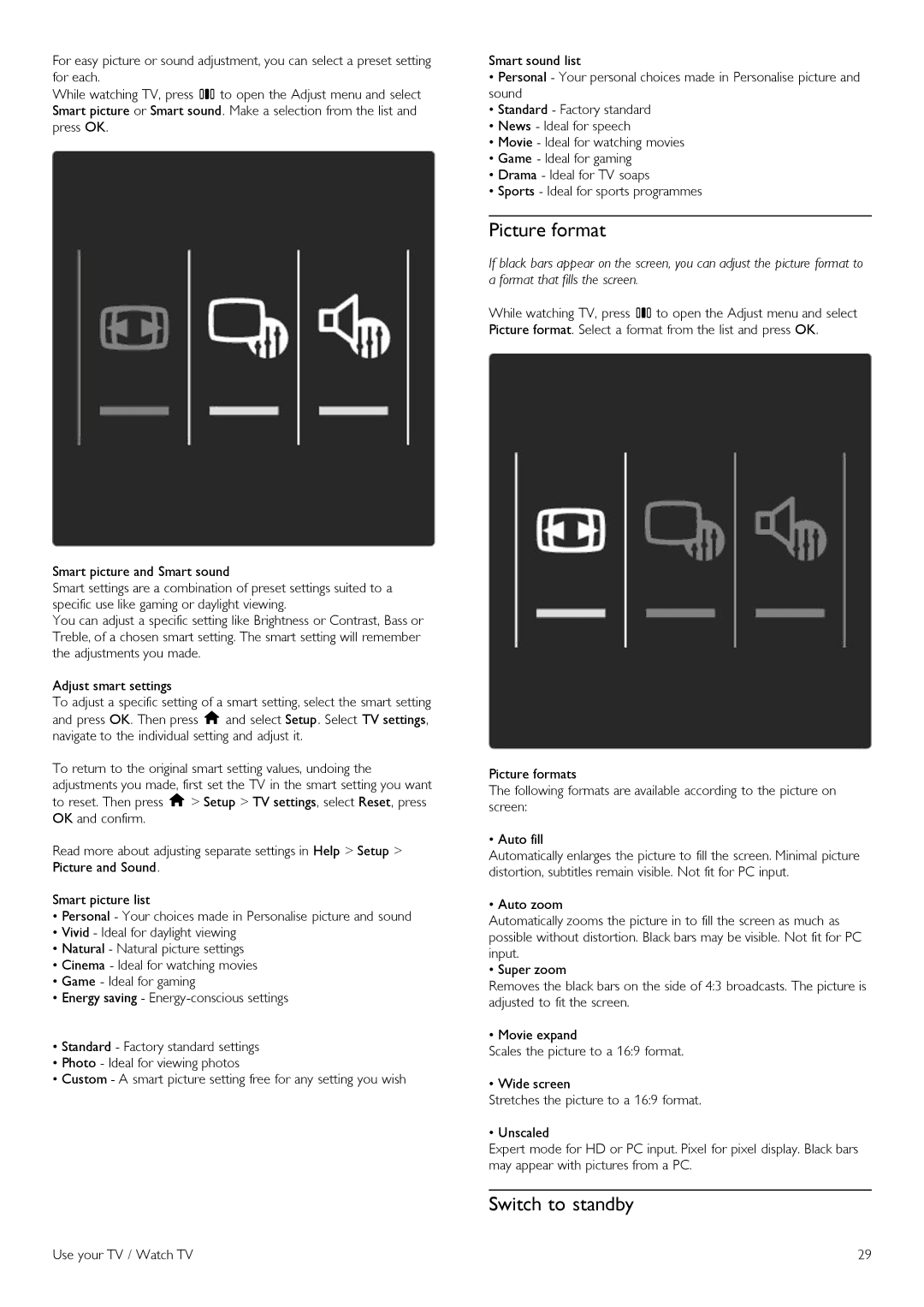 Philips 42PFL6805H manual Picture format, Switch to standby 