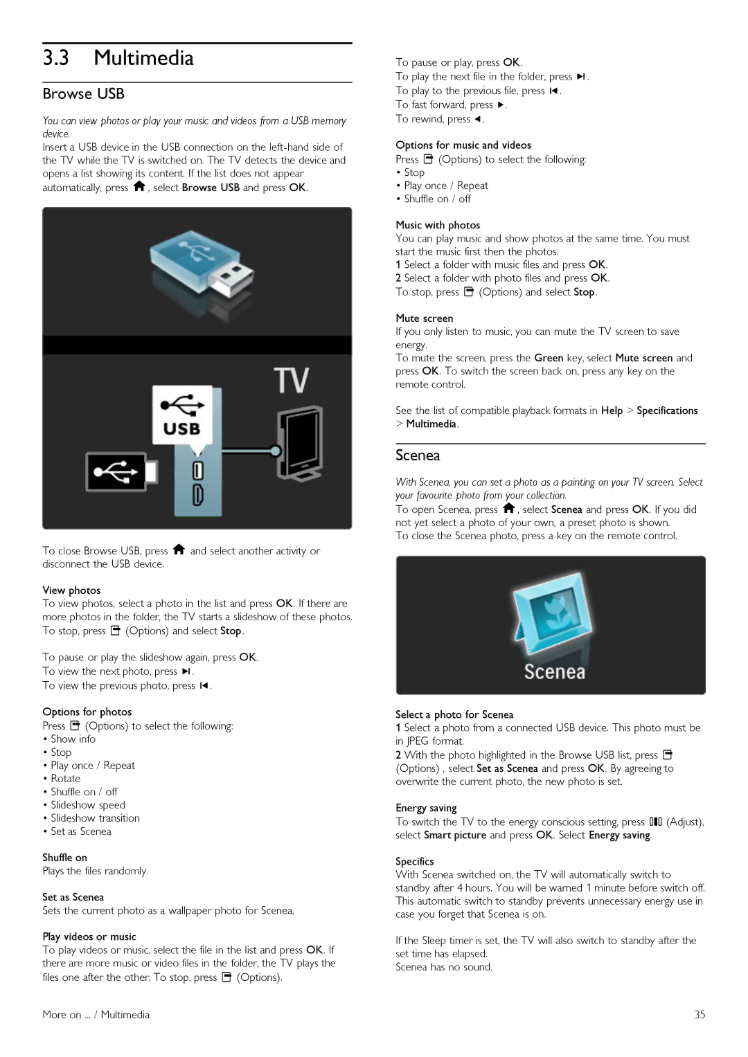 Philips 42PFL6805H manual Multimedia, Browse USB, Scenea 