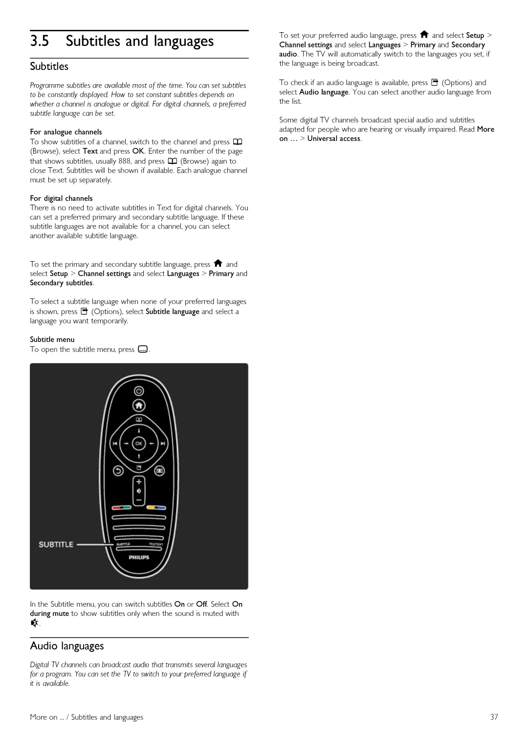 Philips 42PFL6805H manual Subtitles and languages, Audio languages 