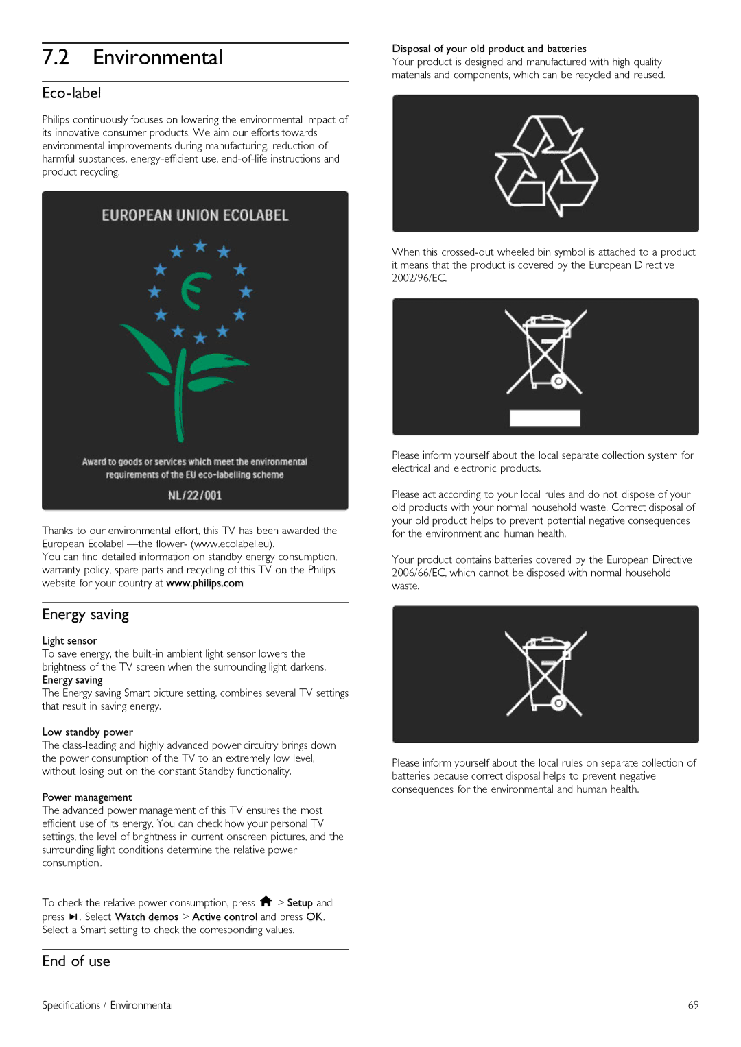 Philips 42PFL6805H manual Environmental, Eco-label, Energy saving, End of use 