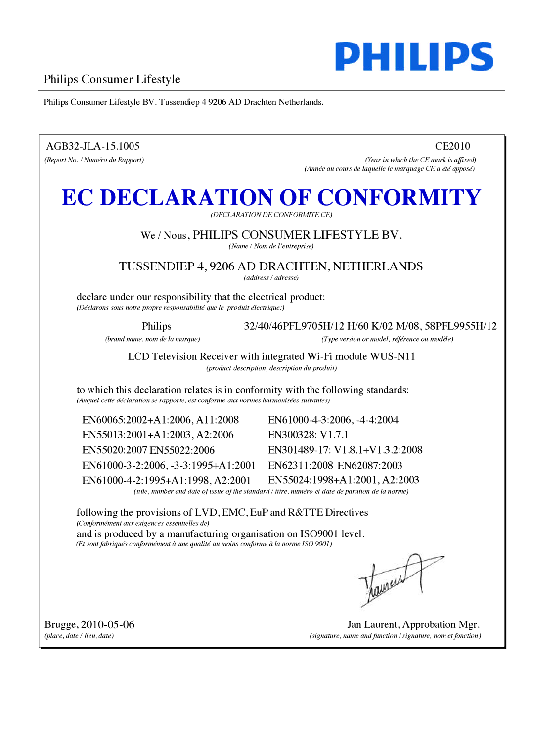 Philips 42PFL6805H manual EC Declaration of Conformity 