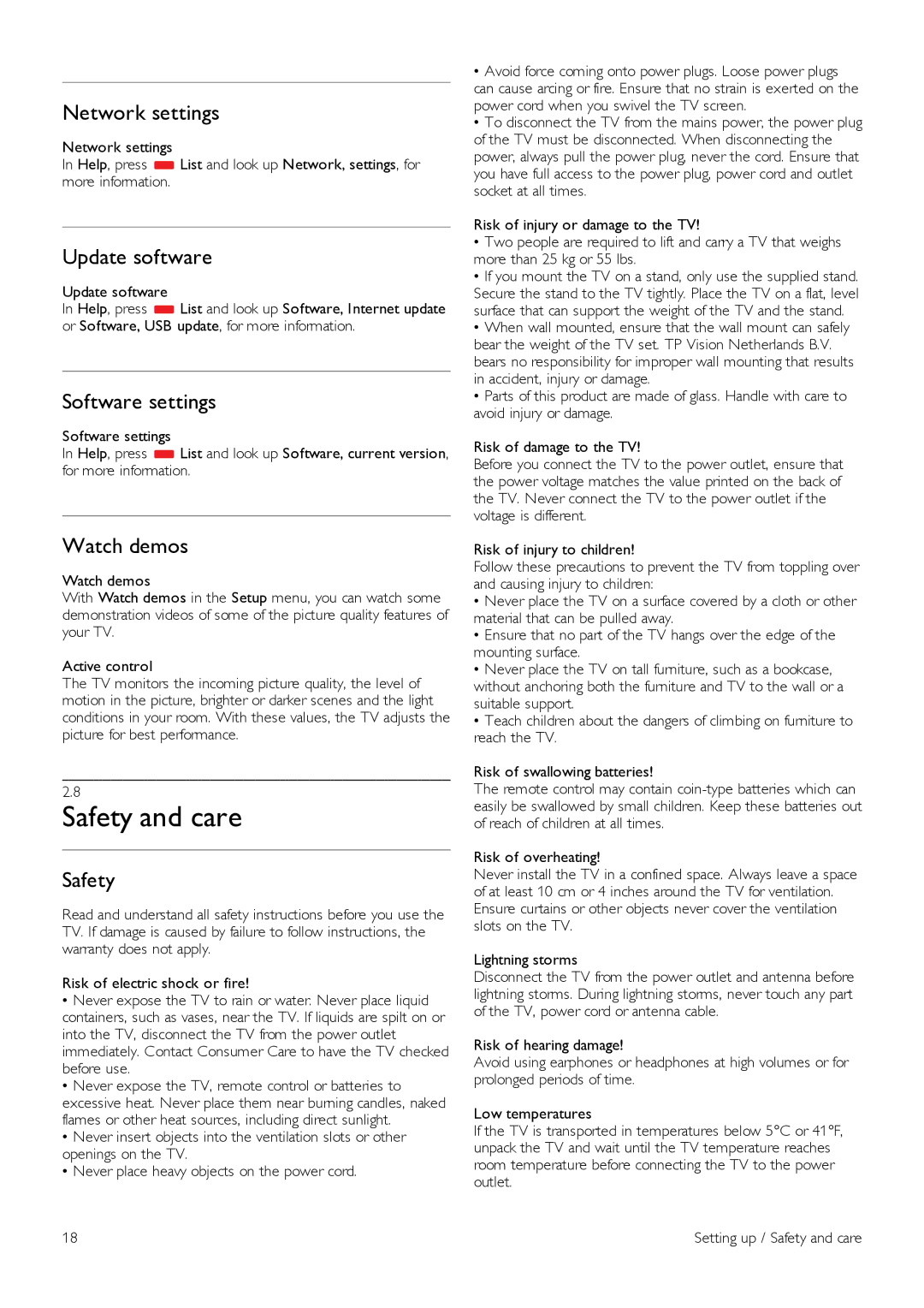 Philips 42PFL6907, 47PFL6907 manual Safety and care, Update software, Software settings, Watch demos 