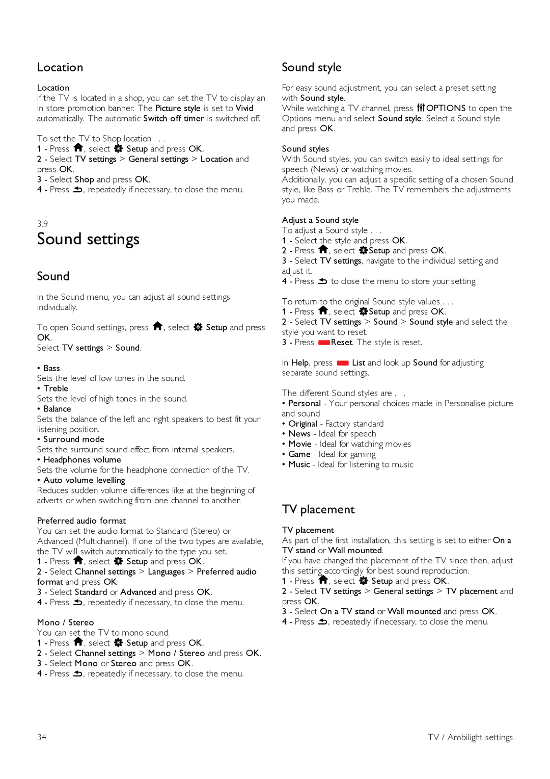 Philips 42PFL6907, 47PFL6907 manual Sound settings, Location, Sound style, TV placement 