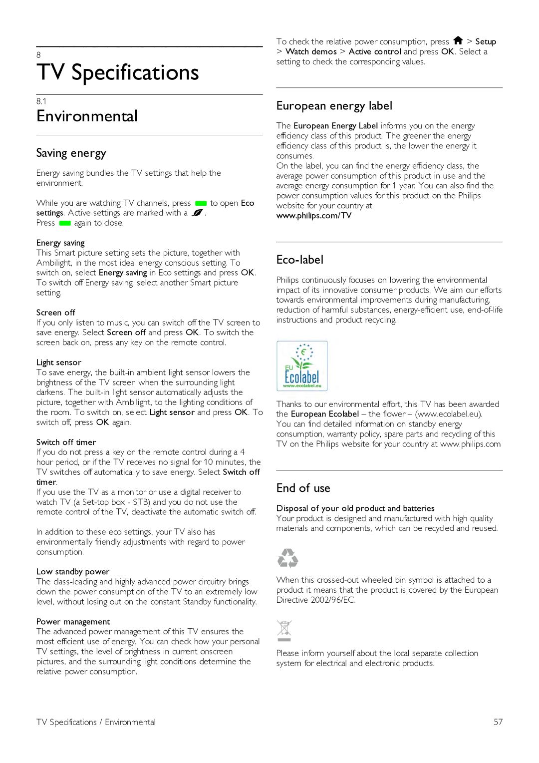 Philips 47PFL6907, 42PFL6907 manual TV Specifications, Environmental 