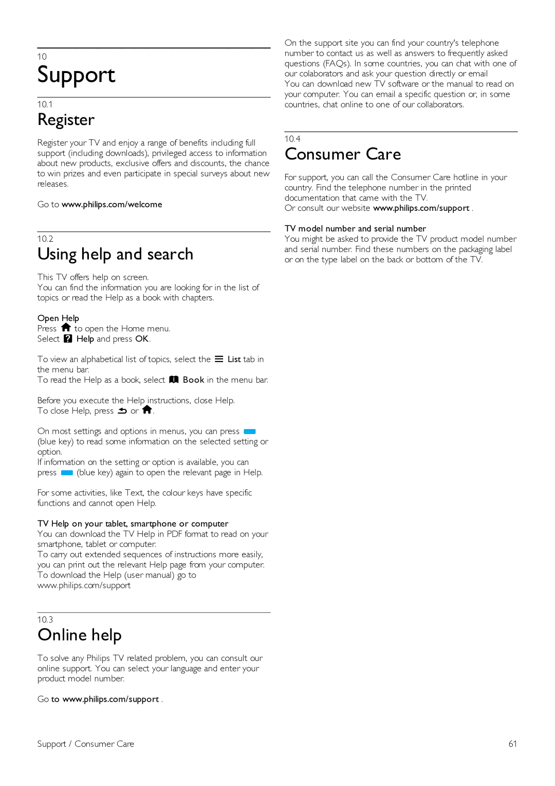 Philips 47PFL6907, 42PFL6907 manual Support, Register, Using help and search, Online help, Consumer Care 