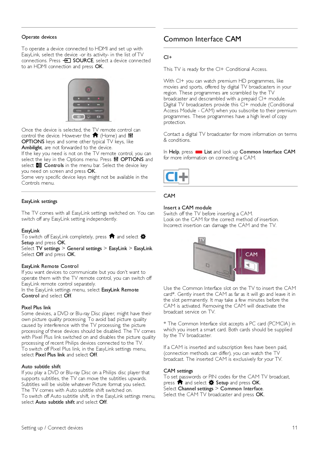 Philips 55PFL7008, 42PFL7108, 42PFL7008, 47PFL7108, 47PFL7008, 55PFL7108 user manual Common Interface CAM, Ci+, Cam 