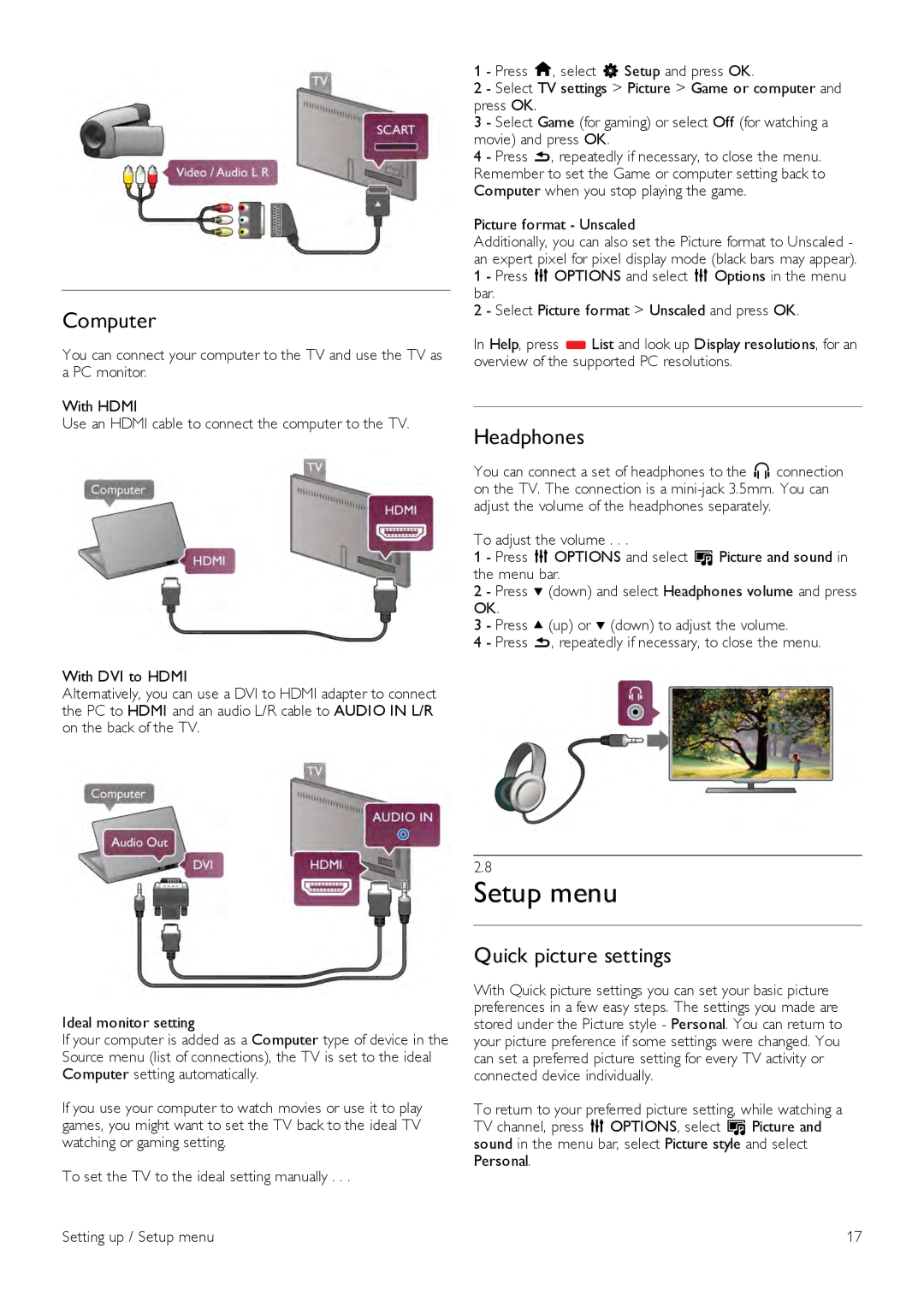 Philips 55PFL7008, 42PFL7108, 42PFL7008, 47PFL7108, 47PFL7008 Setup menu, Computer, Headphones, Quick picture settings 