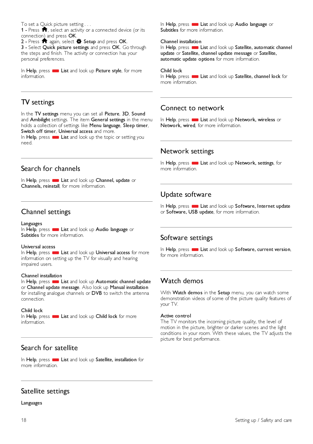 Philips 42PFL7108, 42PFL7008 TV settings, Search for channels, Channel settings, Search for satellite, Satellite settings 