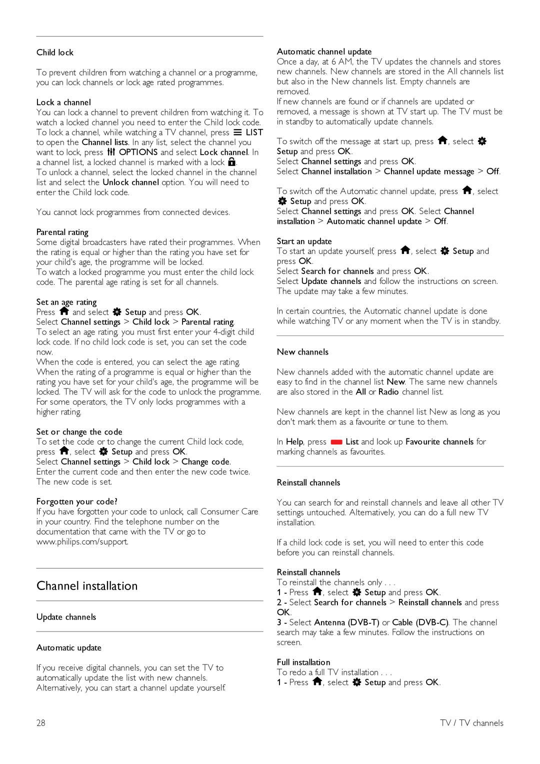 Philips 55PFL7108, 42PFL7108, 42PFL7008, 47PFL7108 Channel installation, Lock a channel, Update channels Automatic update 