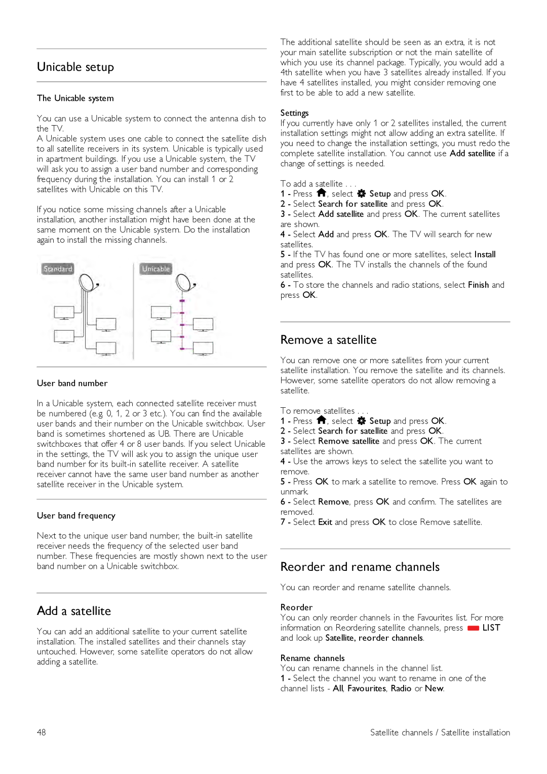 Philips 42PFL7108, 42PFL7008 Unicable setup, Add a satellite, Remove a satellite, Reorder and rename channels, Settings 