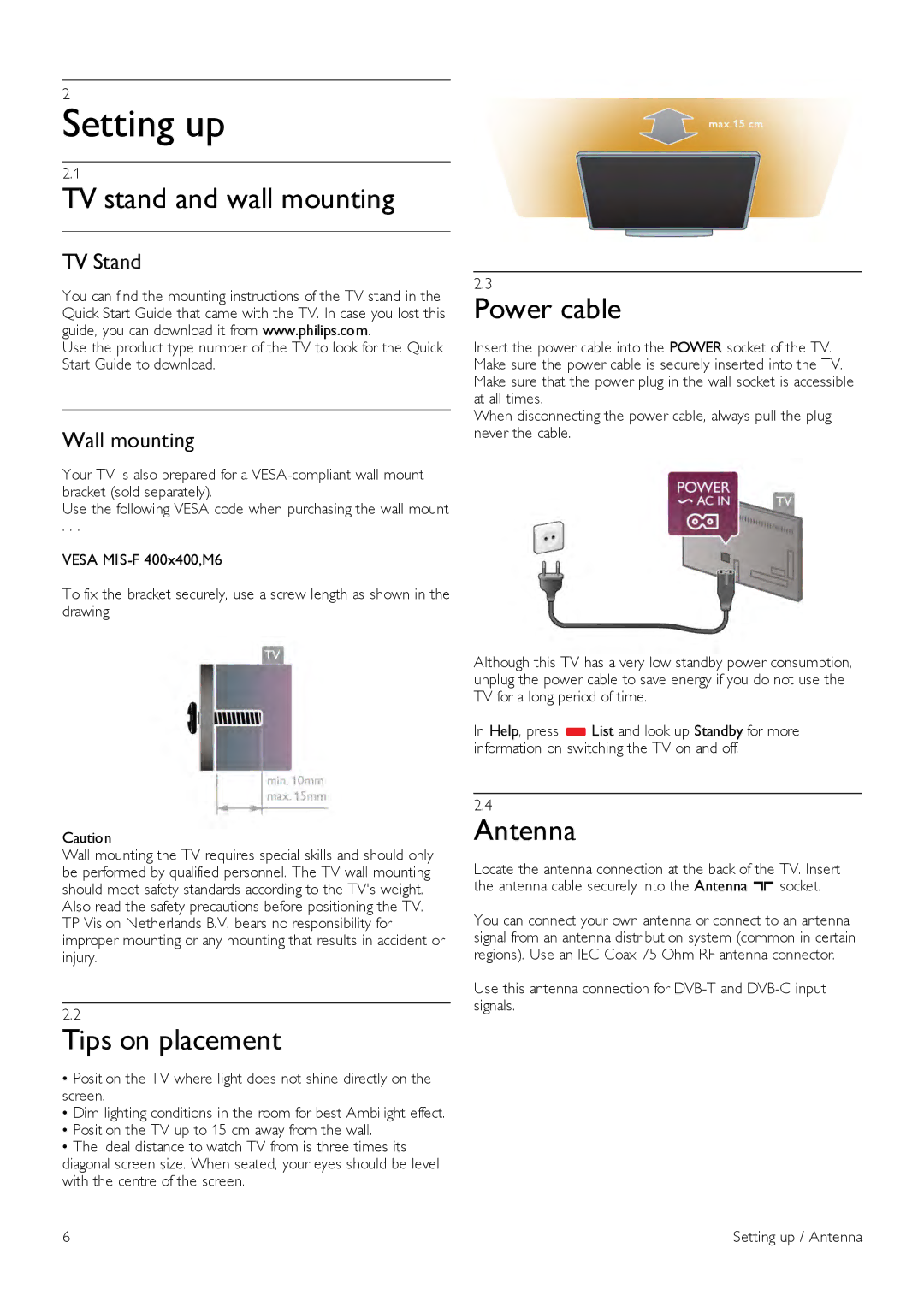 Philips 42PFL7108, 42PFL7008, 47PFL7108 Setting up, TV stand and wall mounting, Tips on placement, Power cable, Antenna 