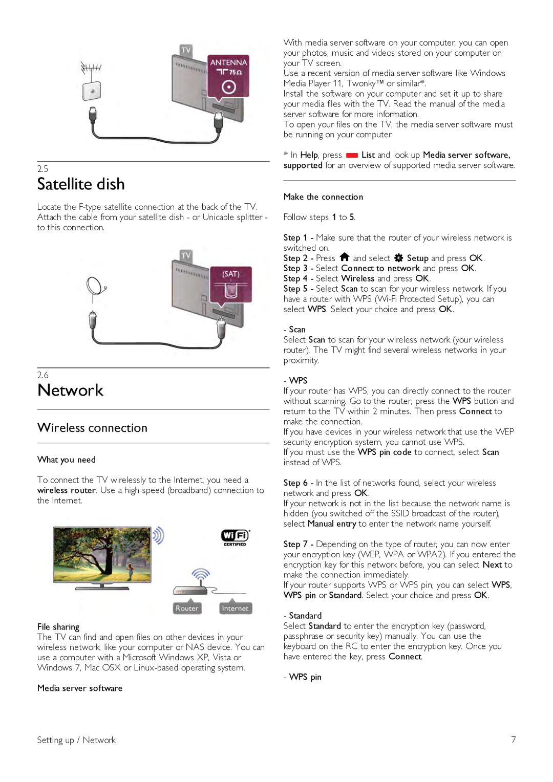 Philips 42PFL7008, 42PFL7108, 47PFL7108, 47PFL7008, 55PFL7108, 55PFL7008 Satellite dish, Network, Wireless connection, Wps 