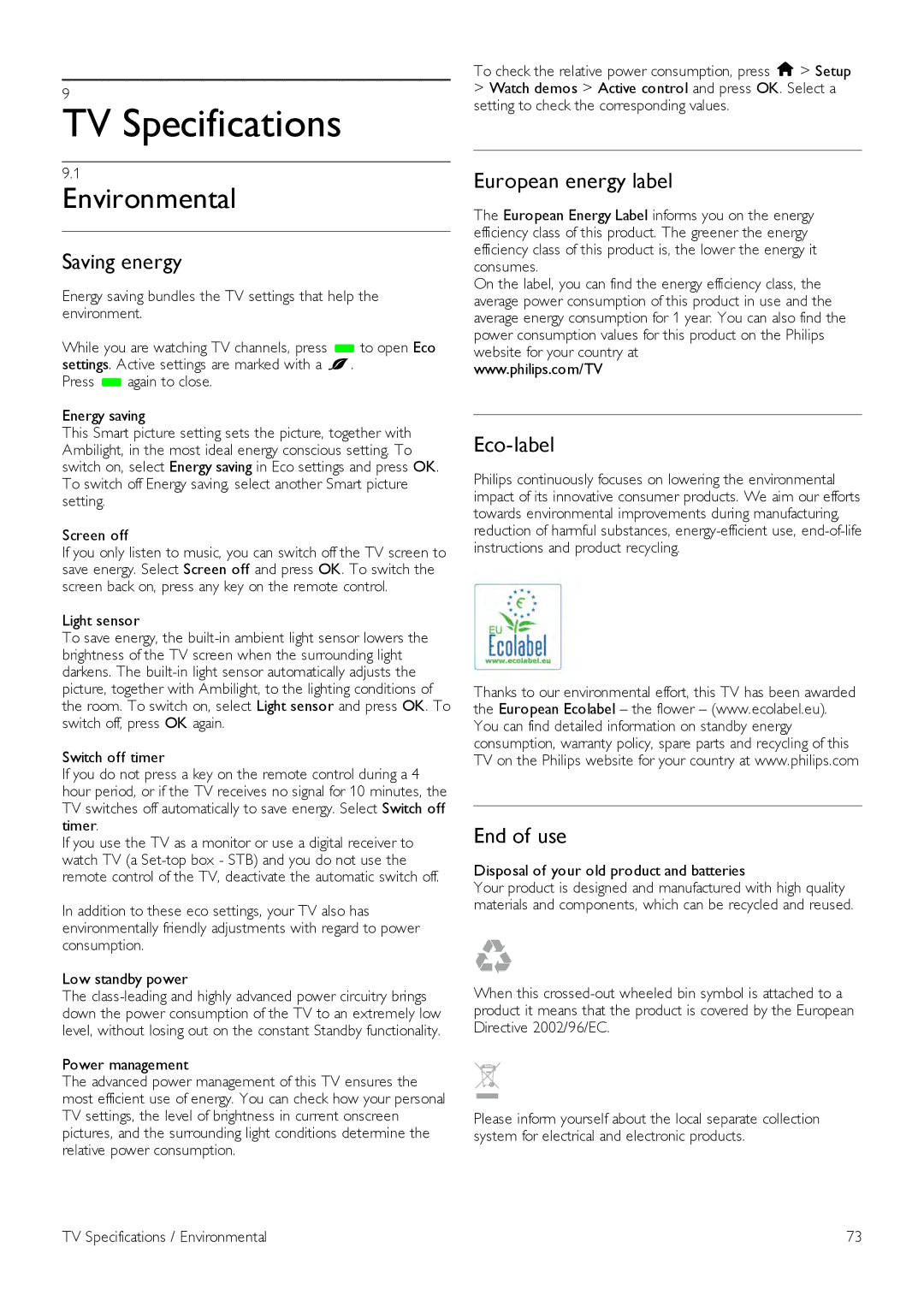 Philips 42PFL7008, 42PFL7108, 47PFL7108, 47PFL7008, 55PFL7108, 55PFL7008 user manual TV Specifications, Environmental 