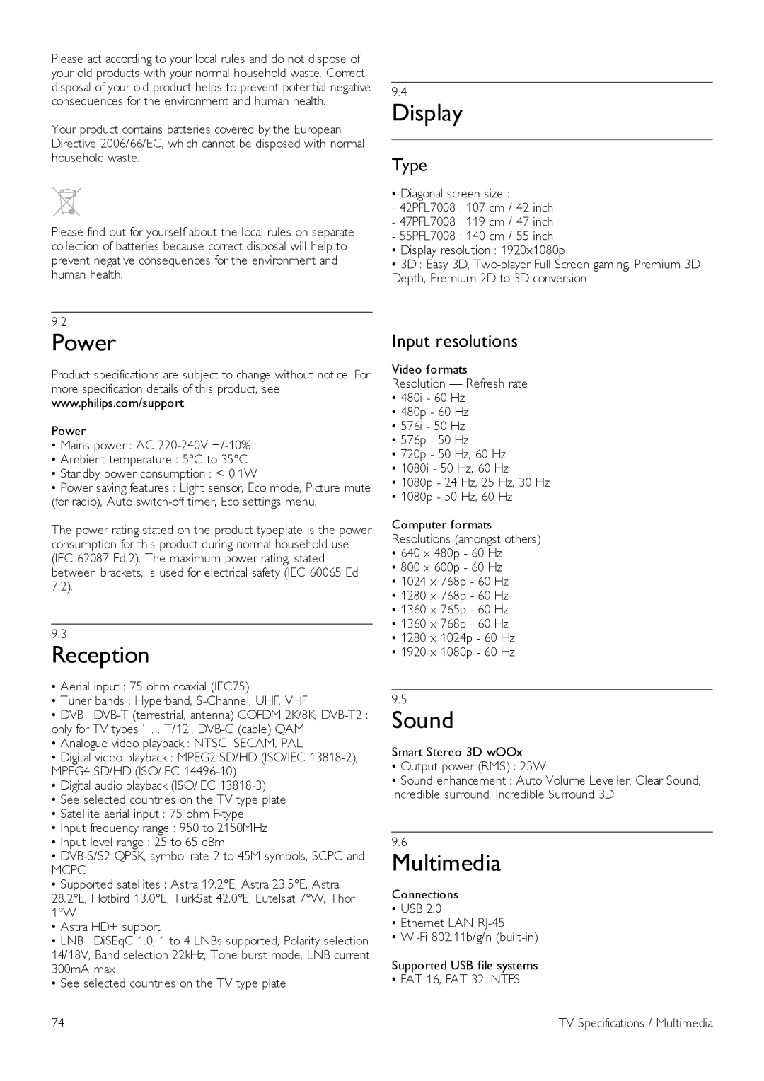 Philips 47PFL7108, 42PFL7108, 42PFL7008, 47PFL7008, 55PFL7108, 55PFL7008 Power, Reception, Display, Sound, Multimedia 