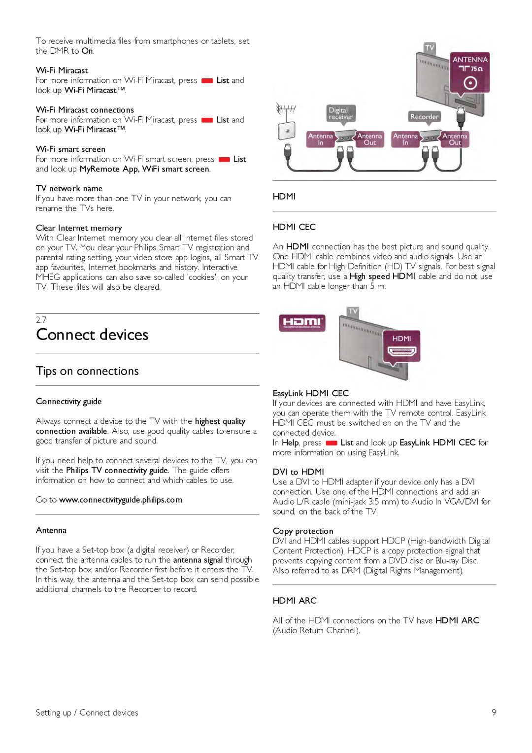 Philips 47PFL7008, 42PFL7108, 42PFL7008, 47PFL7108, 55PFL7108 Connect devices, Tips on connections, Hdmi Hdmi CEC, Hdmi ARC 