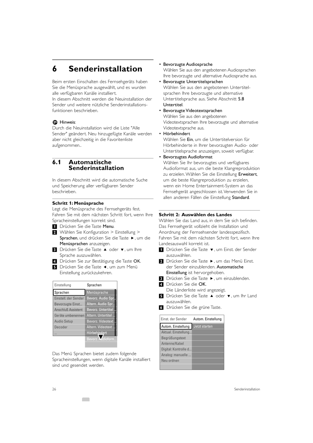 Philips 42PFL7403S/60 manual Automatische Senderinstallation, Schritt 1 Menüsprache, Schritt 2 Auswählen des Landes 