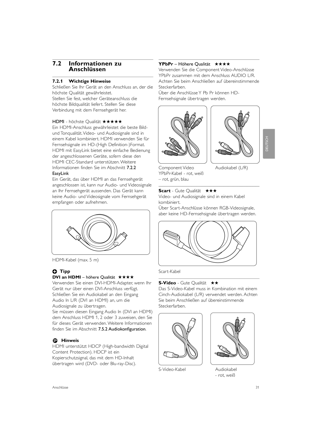 Philips 42PFL7403S/60 manual Informationen zu Anschlüssen, Wichtige Hinweise 