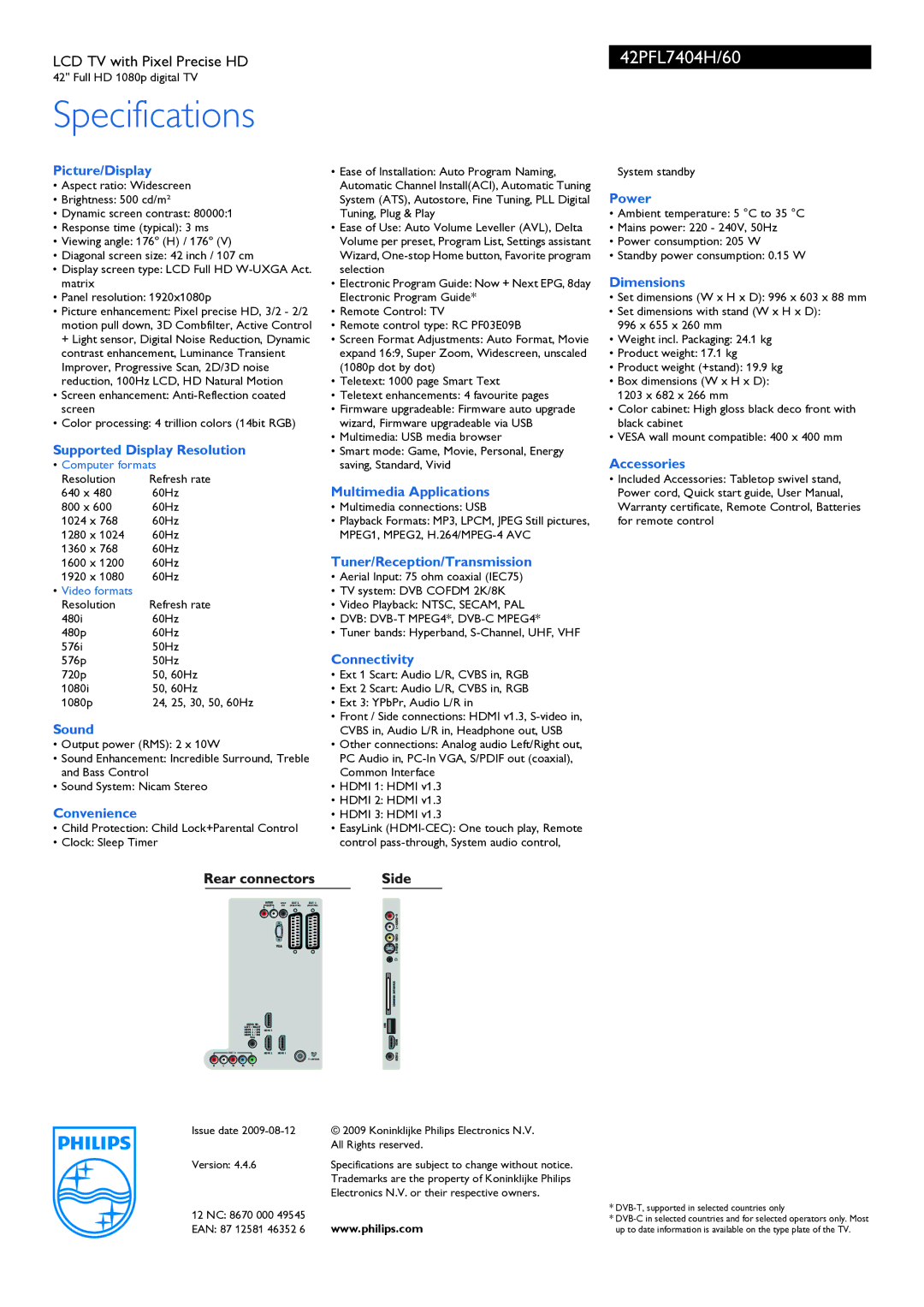 Philips 42PFL7404H manual Picture/Display, Supported Display Resolution, Sound, Convenience, Multimedia Applications, Power 