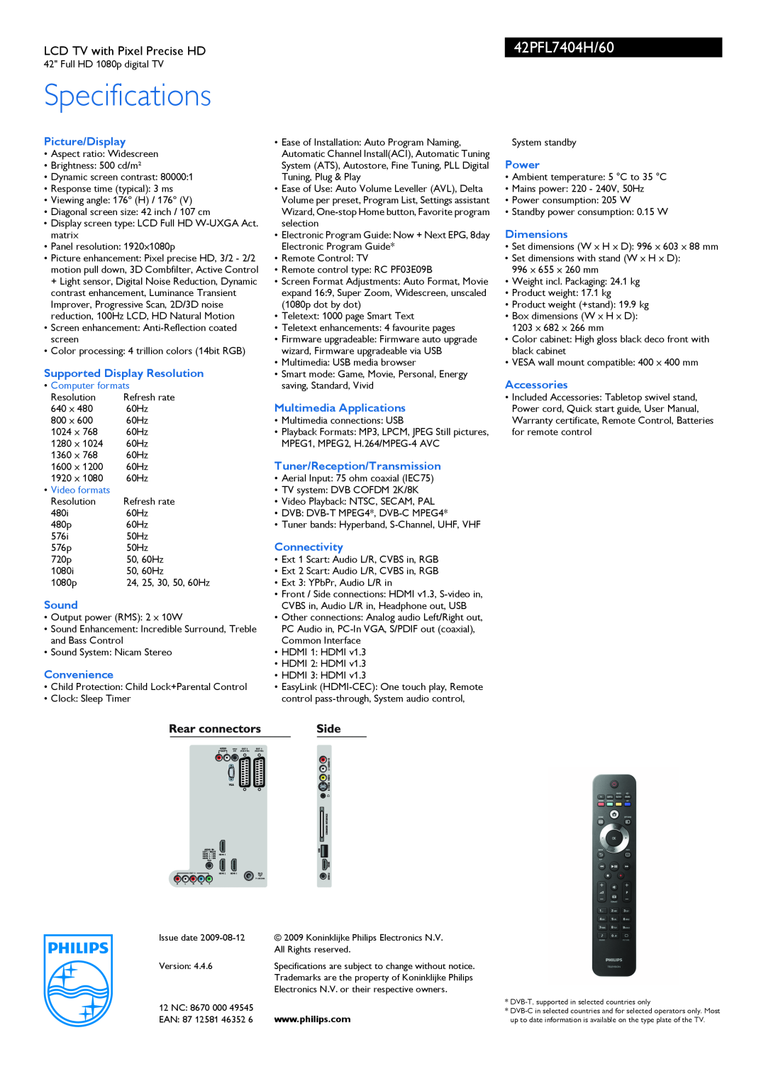 Philips 42PFL7404H Specifications, Picture/Display, Supported Display Resolution, Sound, Convenience, Connectivity, Power 